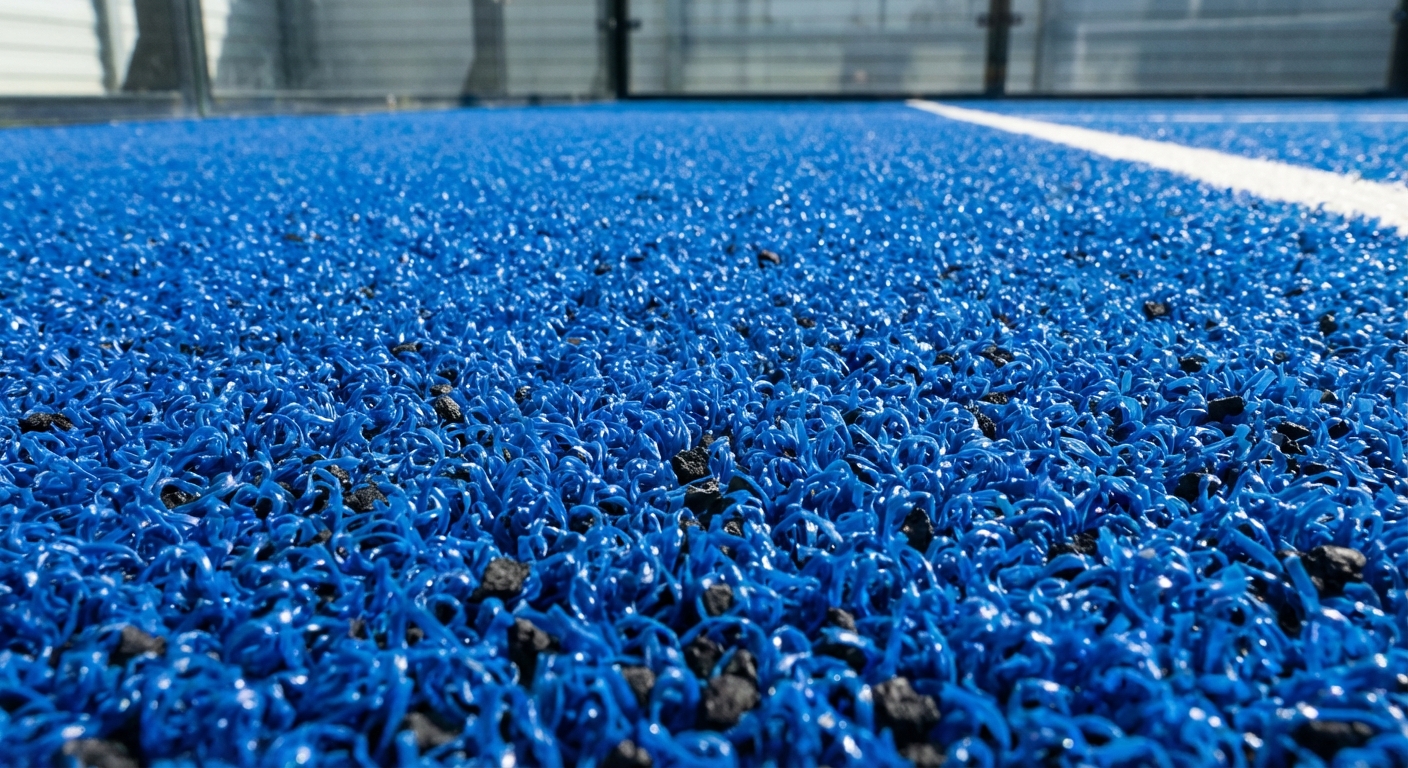 blue artificial turf padel court closeup