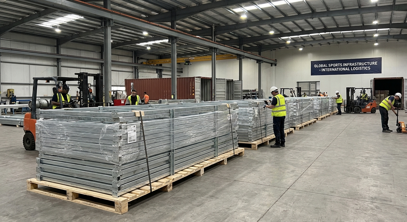 A clean, industrial manufacturing facility floor showing a row of galvanized steel padel court frames being prepared for international shipping.