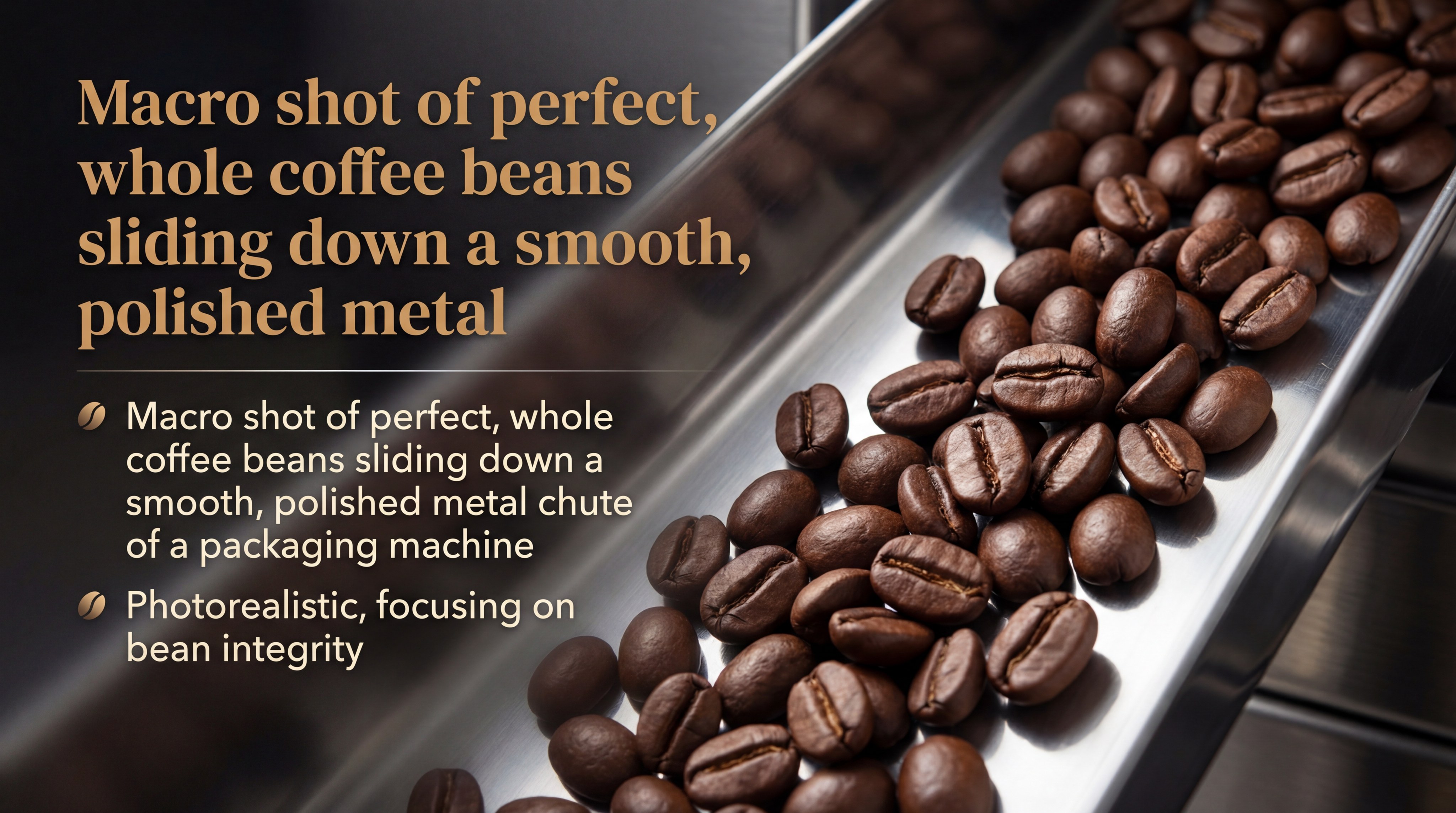 Macro shot of perfect, whole coffee beans sliding down a smooth, polished metal chute