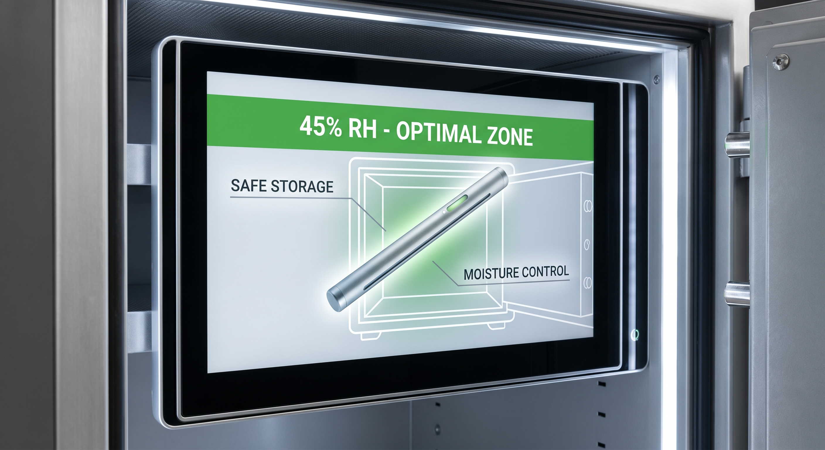 Infographic showing optimal 45% RH humidity zone in safe