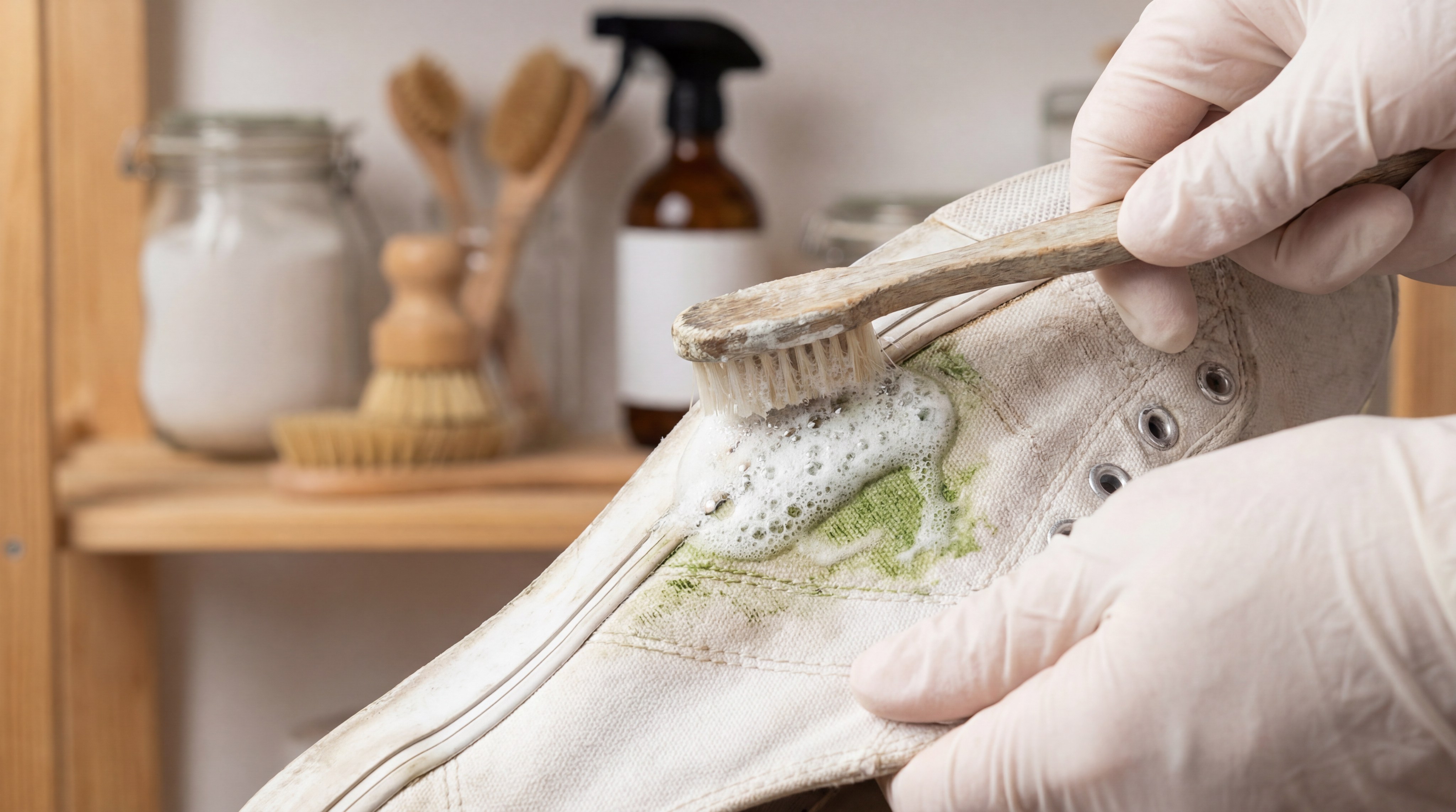 Alt Text: applying baking soda and vinegar paste to a stubborn grass stain on a shoe