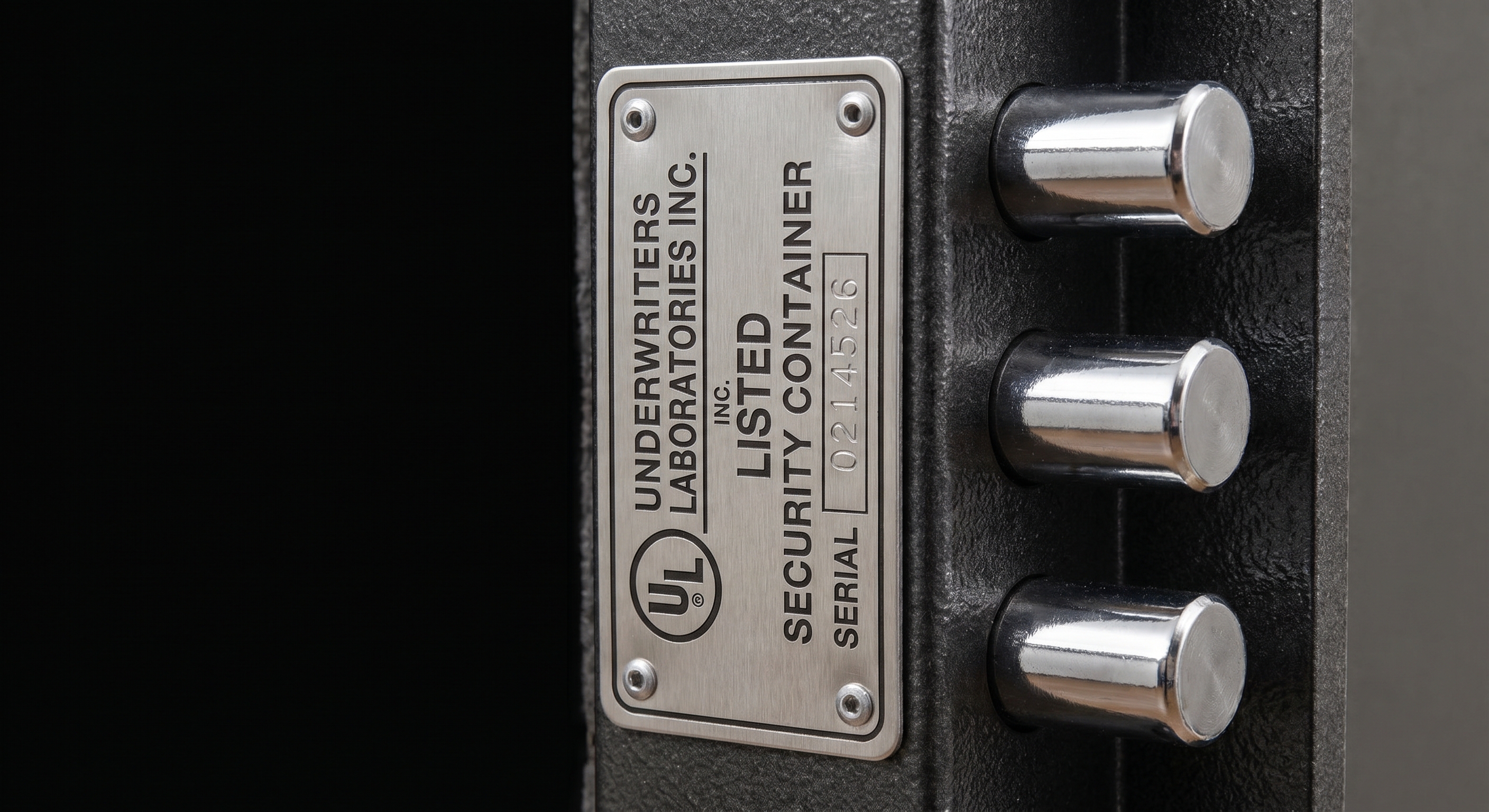 A close up of a UL certified safe door with heavy steel locking bolts