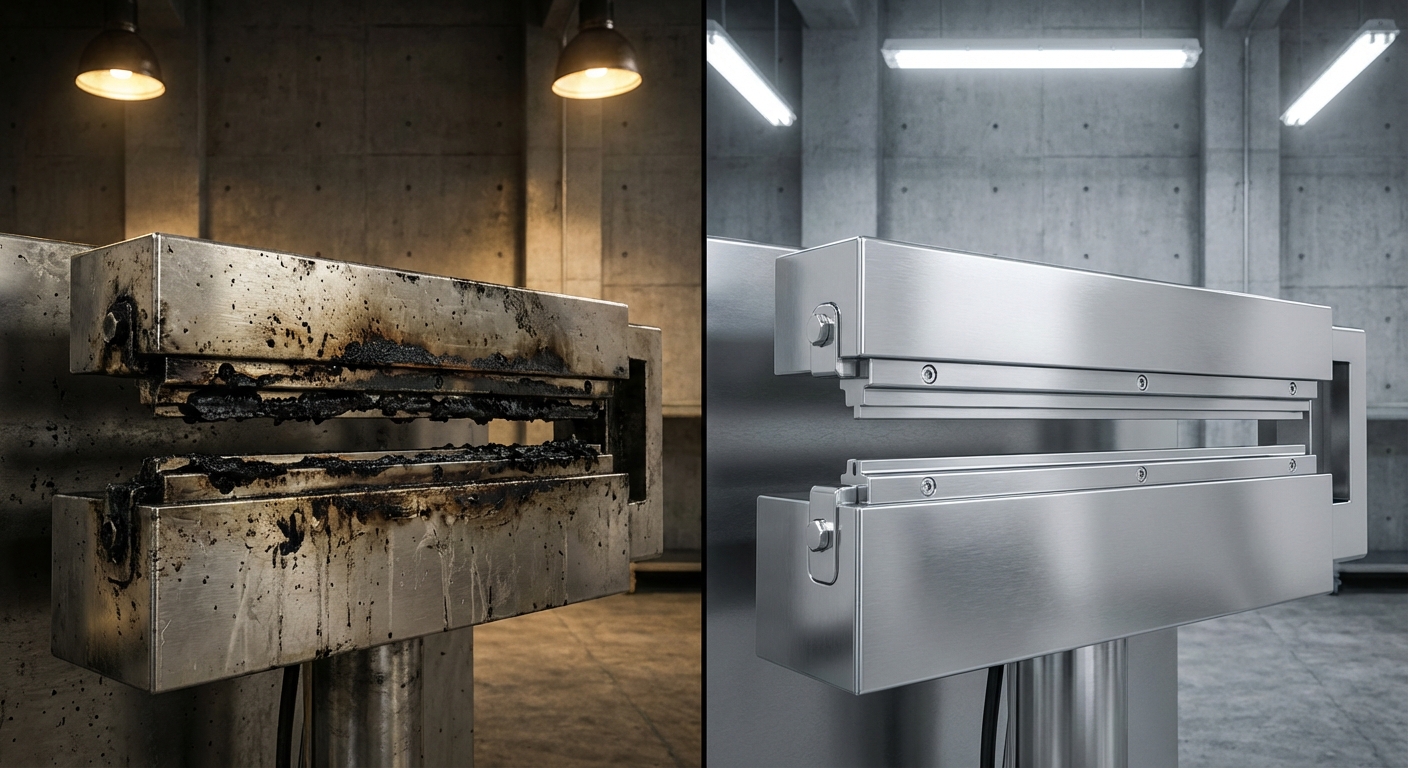 Comparison of dirty and clean packaging machine jaws to prevent poor sealing causes.