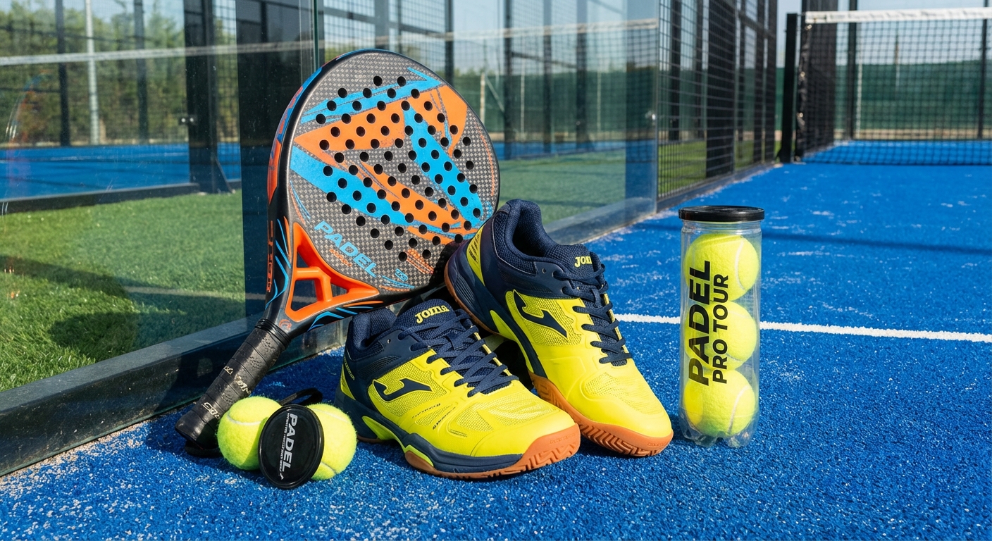 Professional Padel Equipment Display on Blue Court
