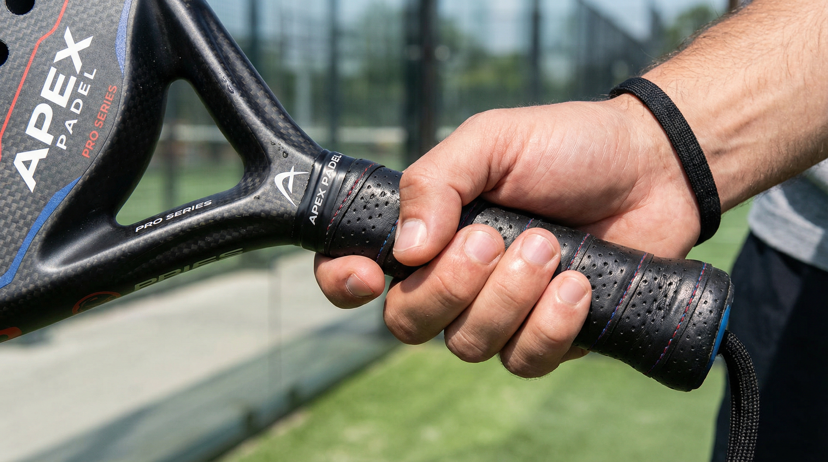 A close-up of a hand holding a padel racket handle correctly