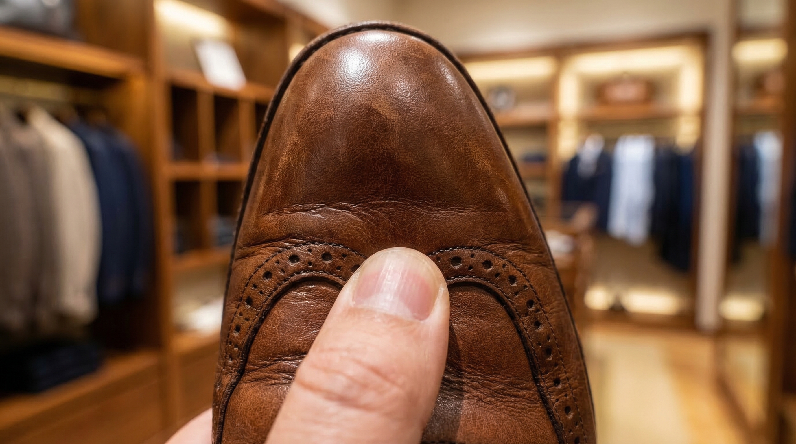A close up of a thumb pressing on the toe box of a brown leather shoe to check the fit