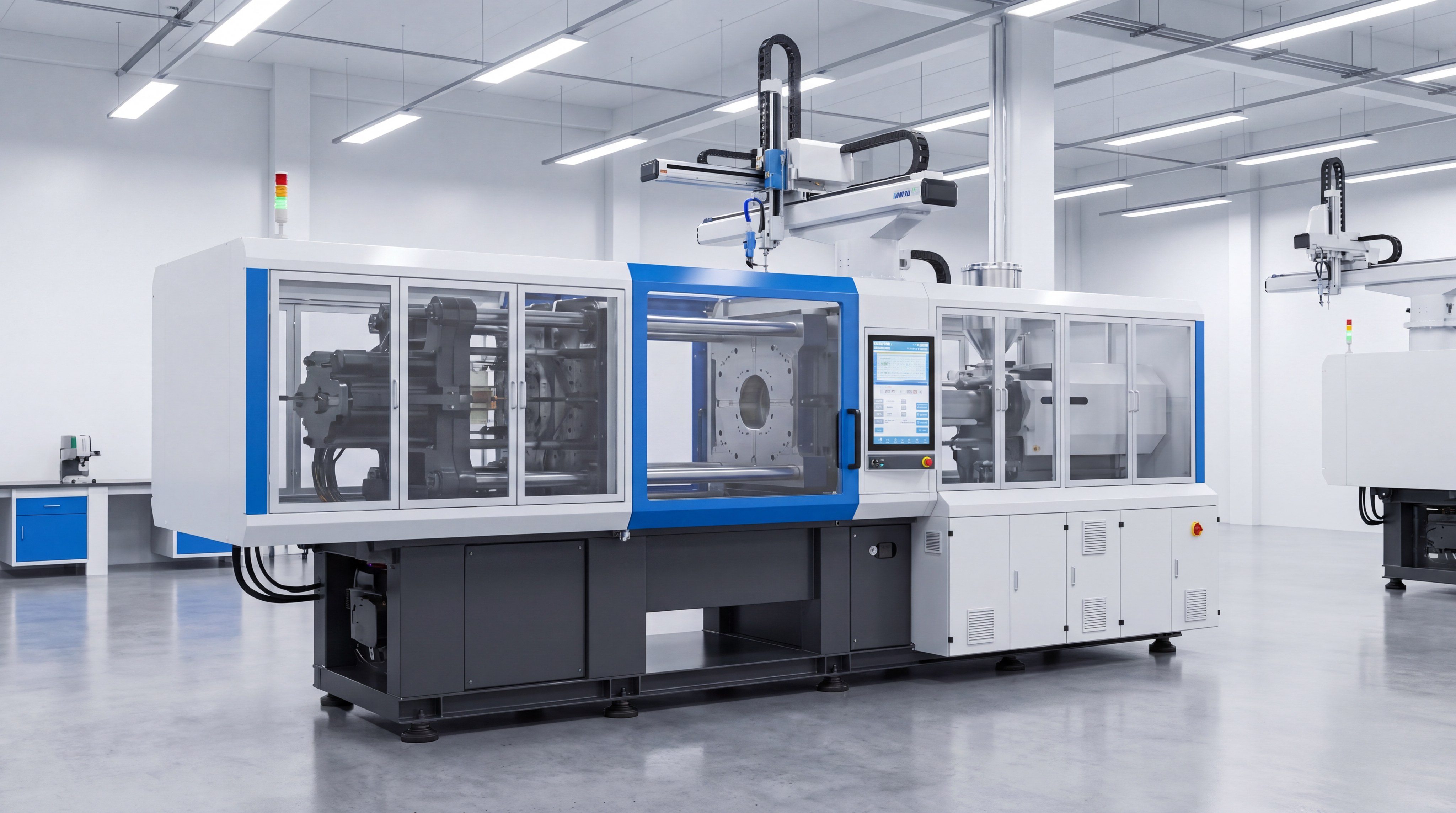 Large industrial silicone injection molding machine in a clean white factory