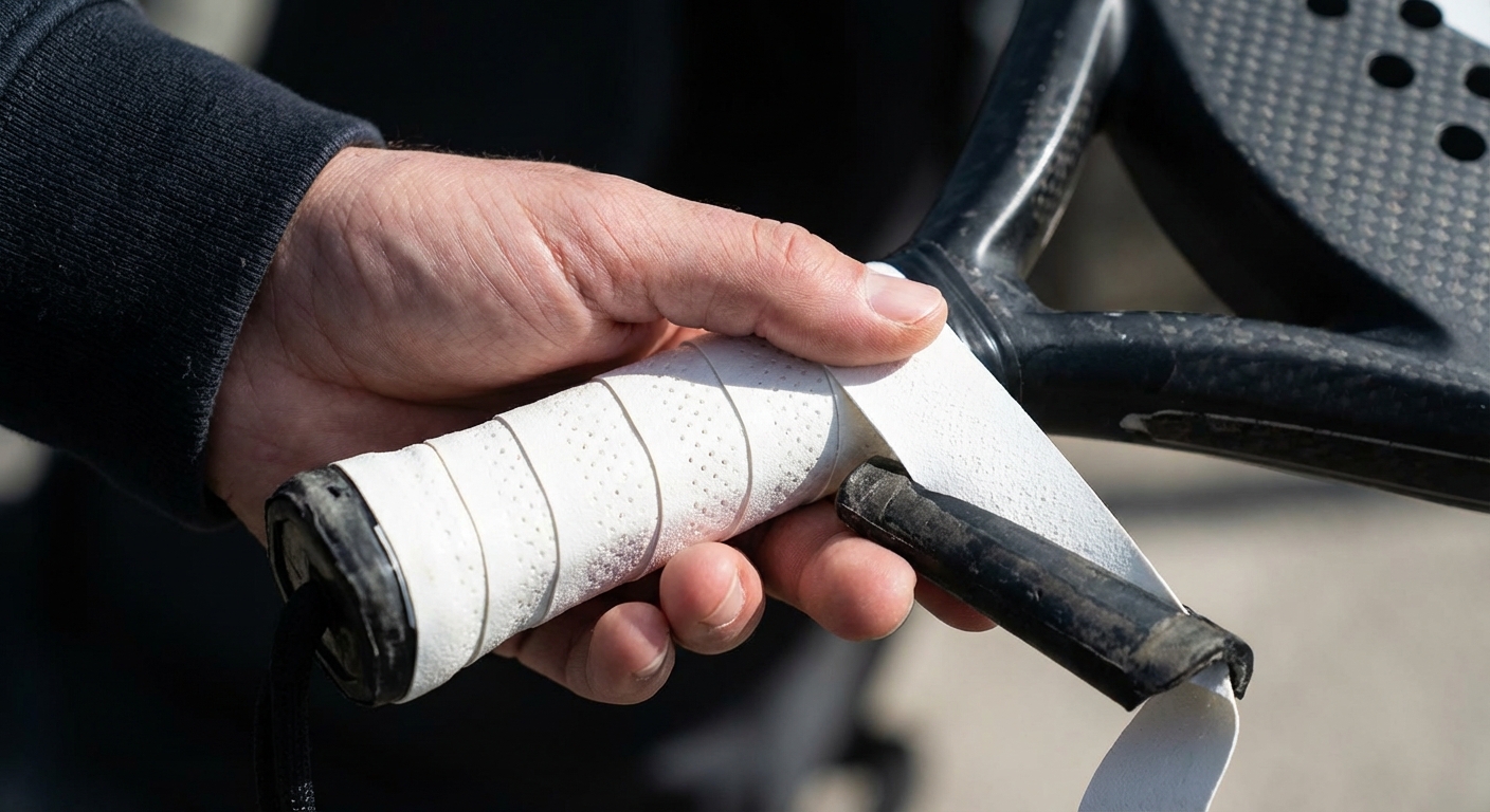 A close-up view of hands neatly wrapping a white overgrip around the handle of a black padel paddle.