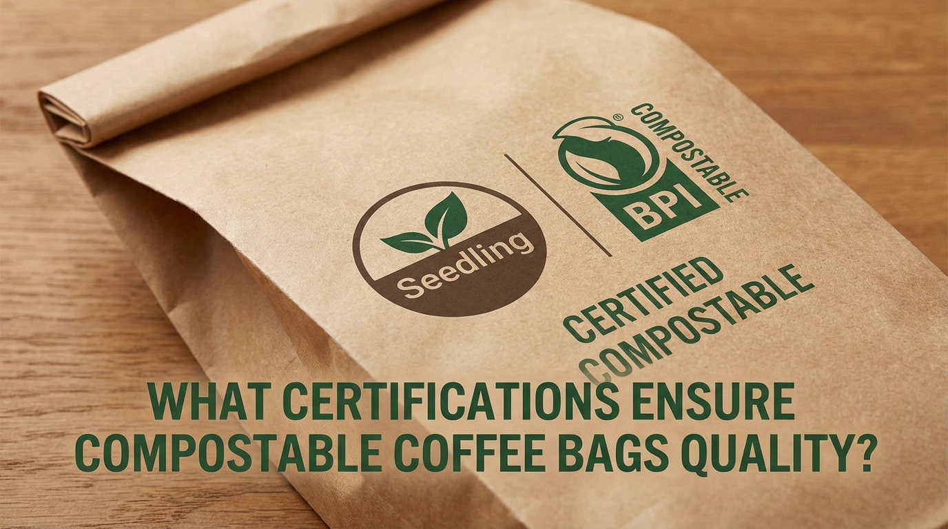 Close-up of official compostable certification logos including BPI, Seedling, and EN 13432 on a paper coffee bag