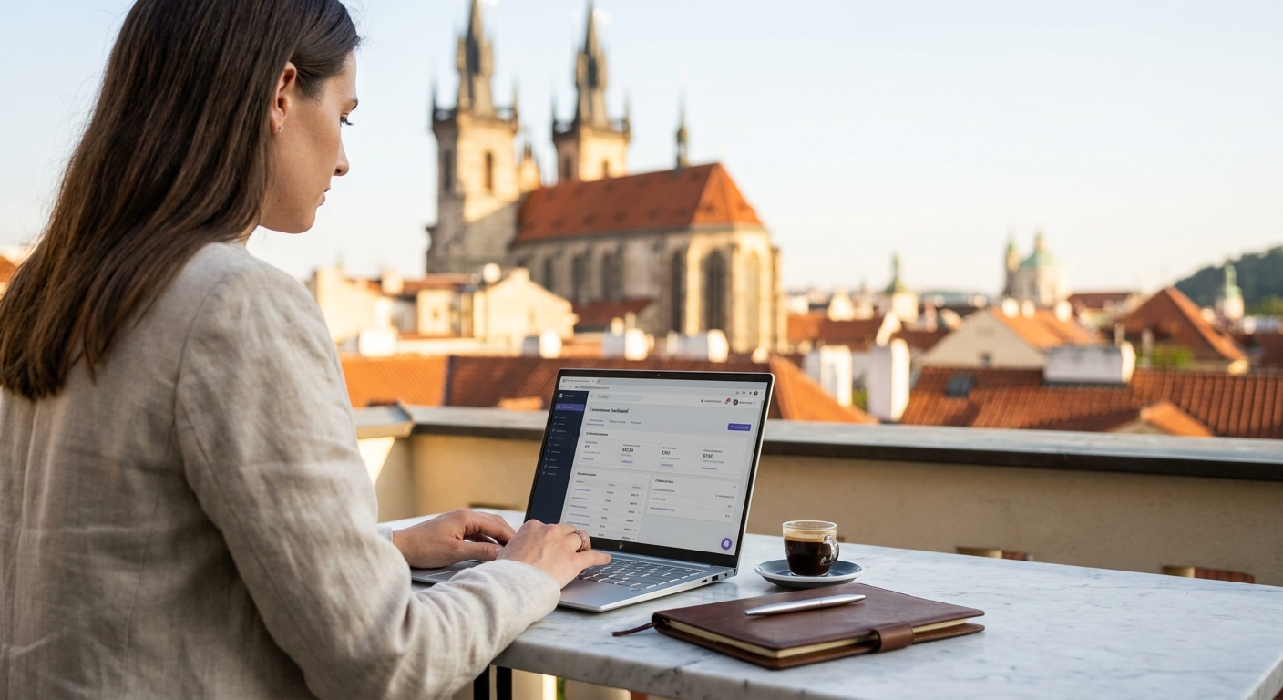 entrepreneur working on balcony with historic view of Prague