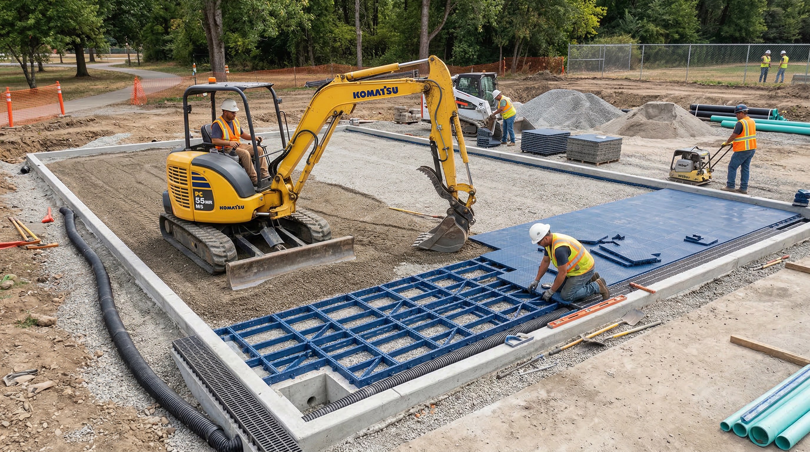 Sports court construction site and heavy machinery