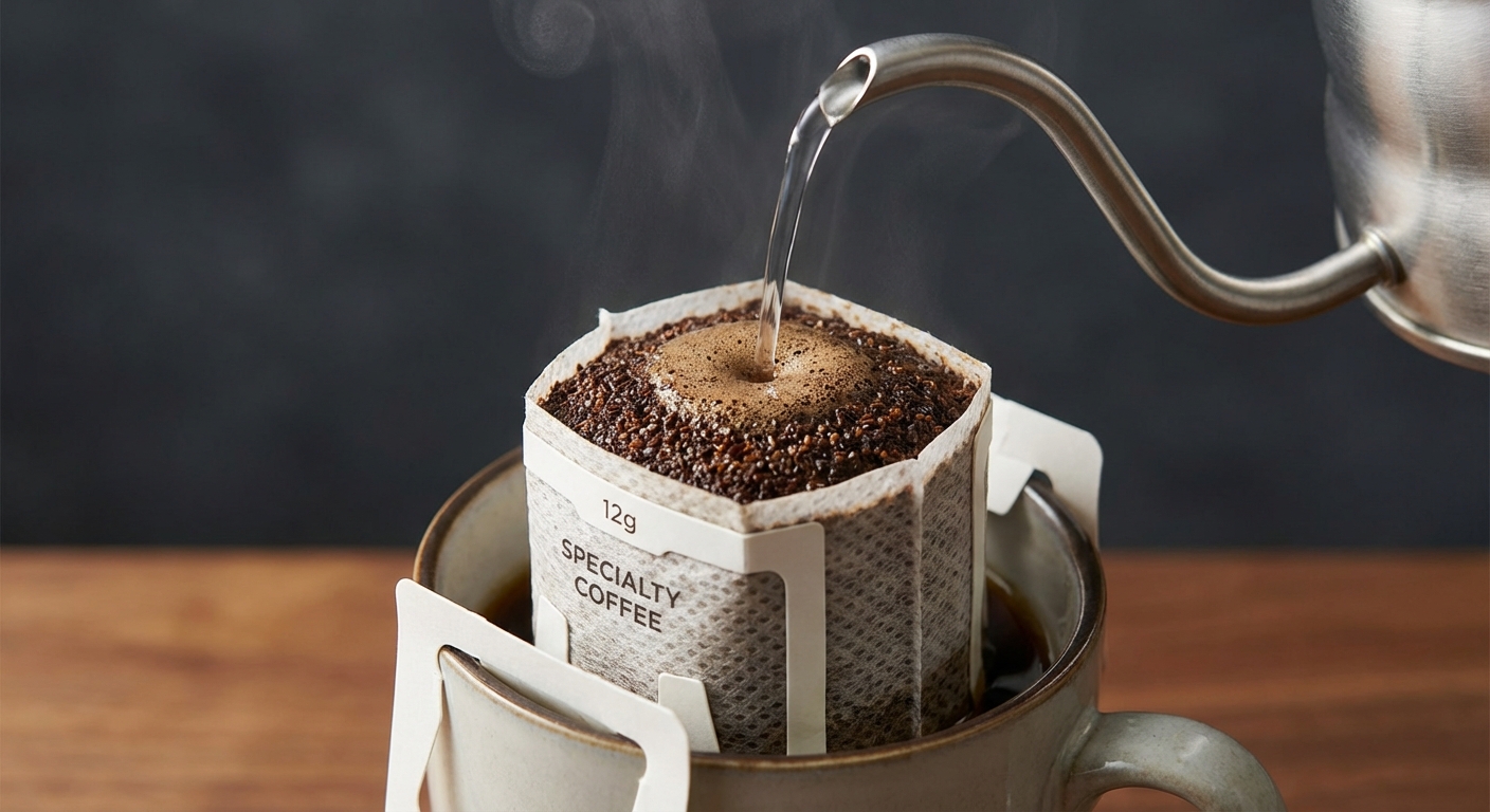 12g specialty coffee bag being brewed with a gooseneck kettle