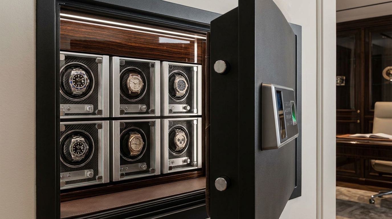Open luxury watch safe featuring internal LED lighting and automatic watch winders