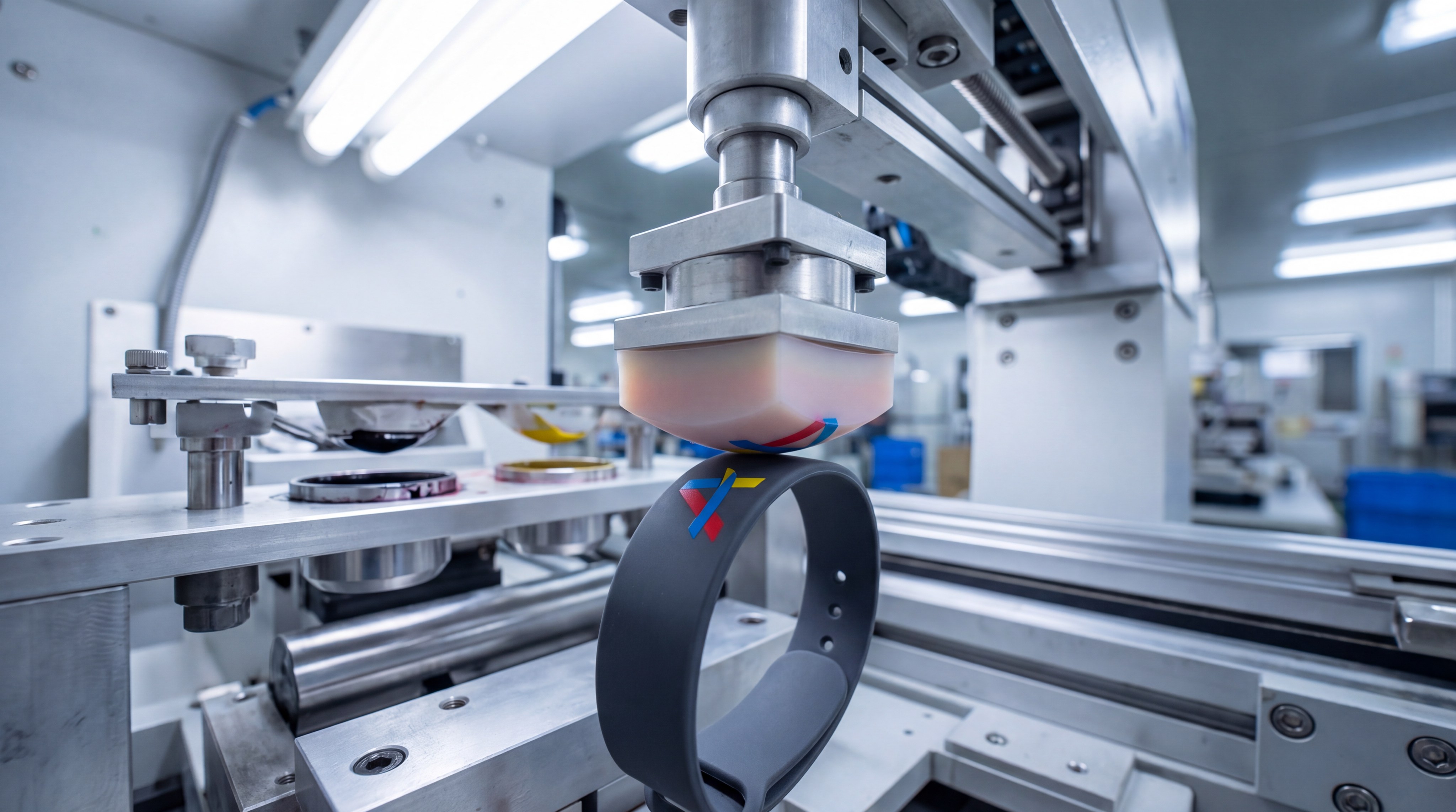 An industrial pad printing machine in a clean facility transferring a vibrant logo onto a dark silicone wristband.
