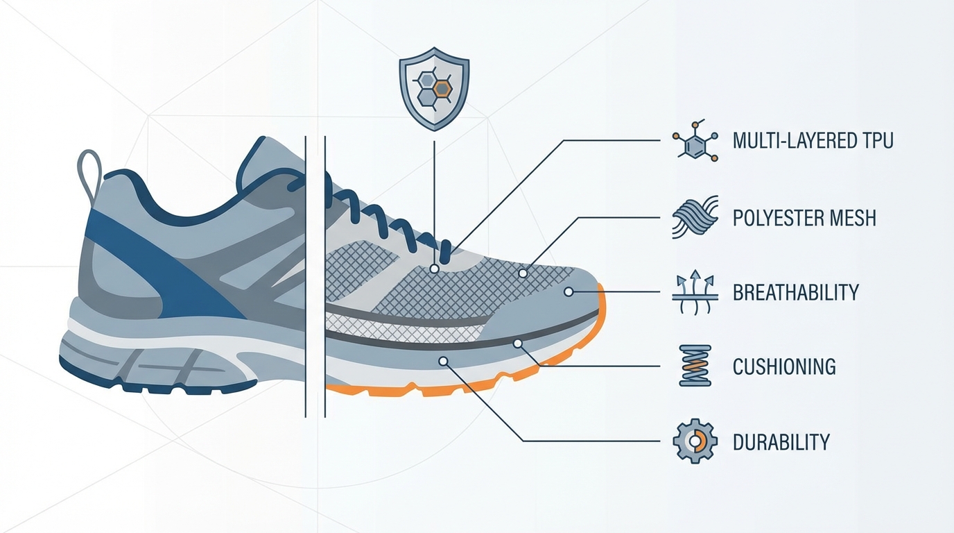 Anatomy of a technical mesh running shoe showing TPU and polyester layers