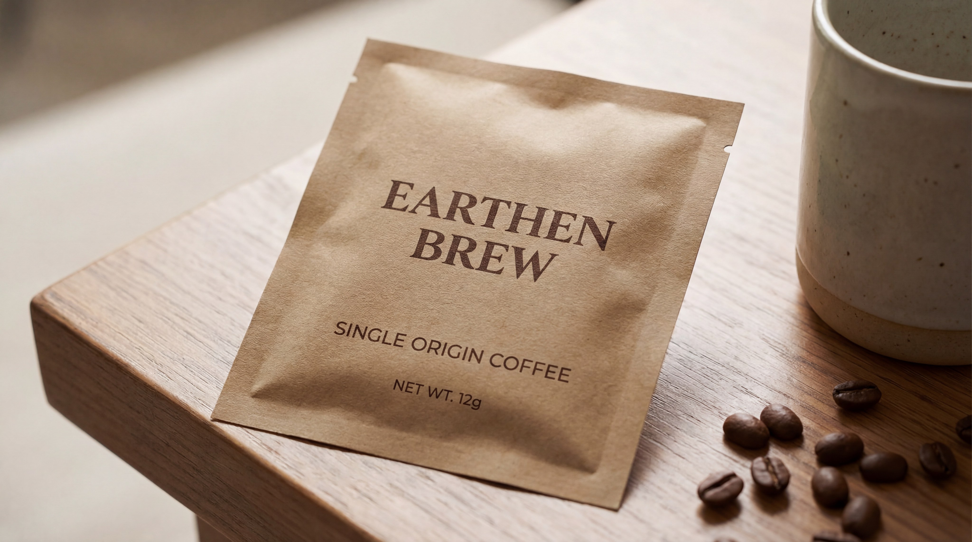 Minimalist eco-friendly packaging reflecting drip coffee trends 2026 in specialty coffee branding.