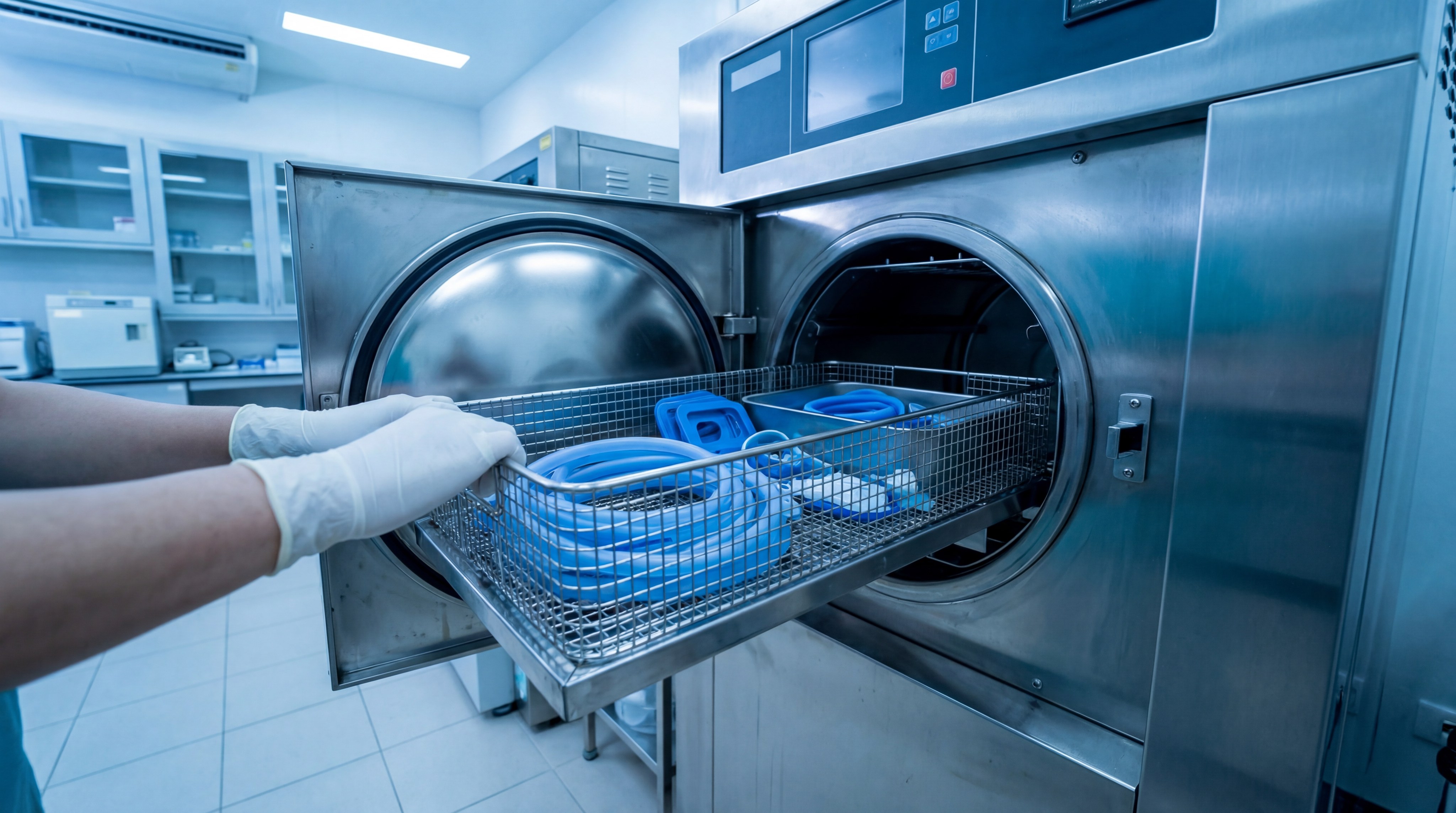 Alt Text: Professional autoclave machine being loaded with blue medical silicone parts