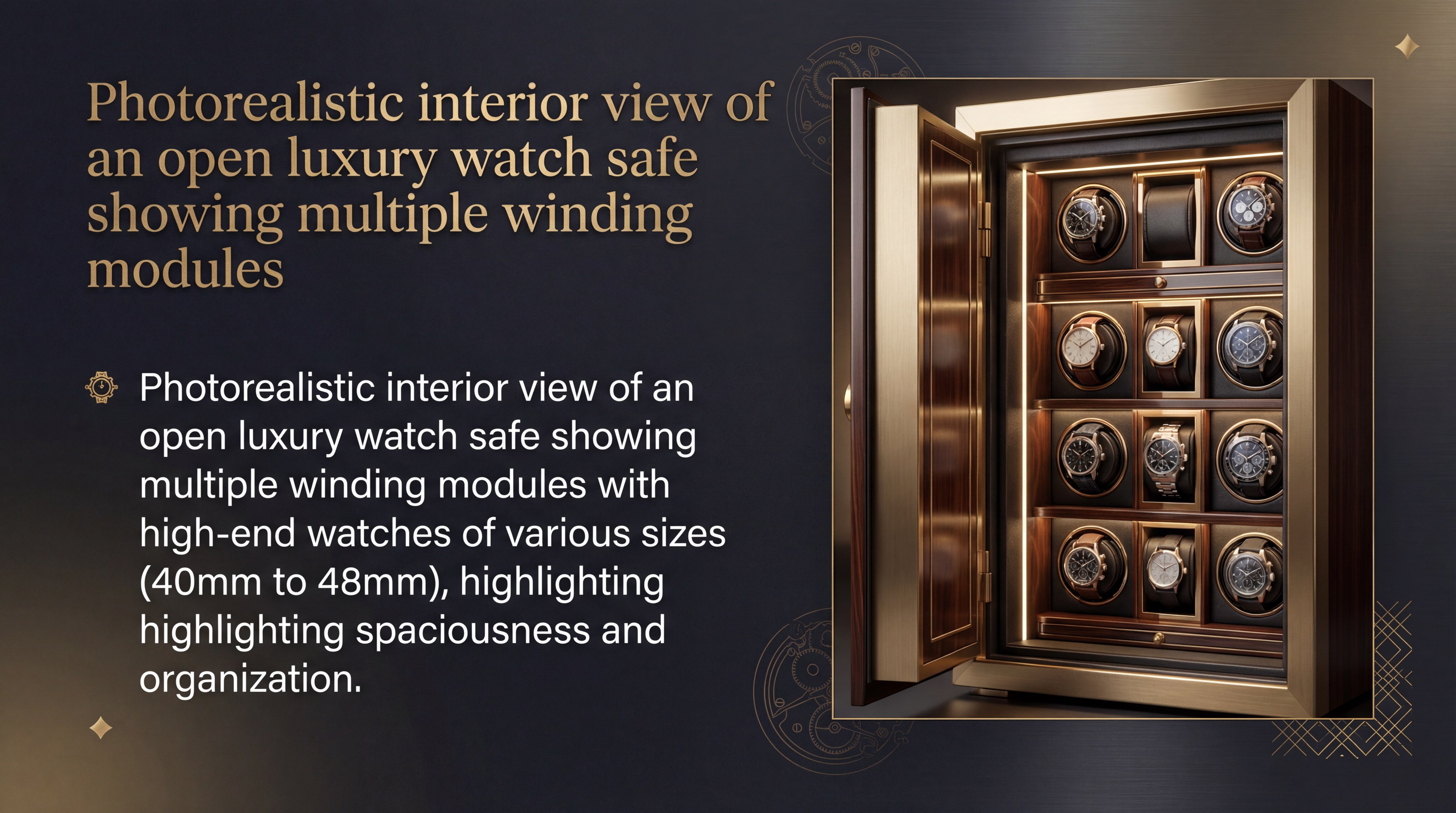 Photorealistic interior view of an open luxury watch safe showing multiple winding modules with high-end watches of various sizes