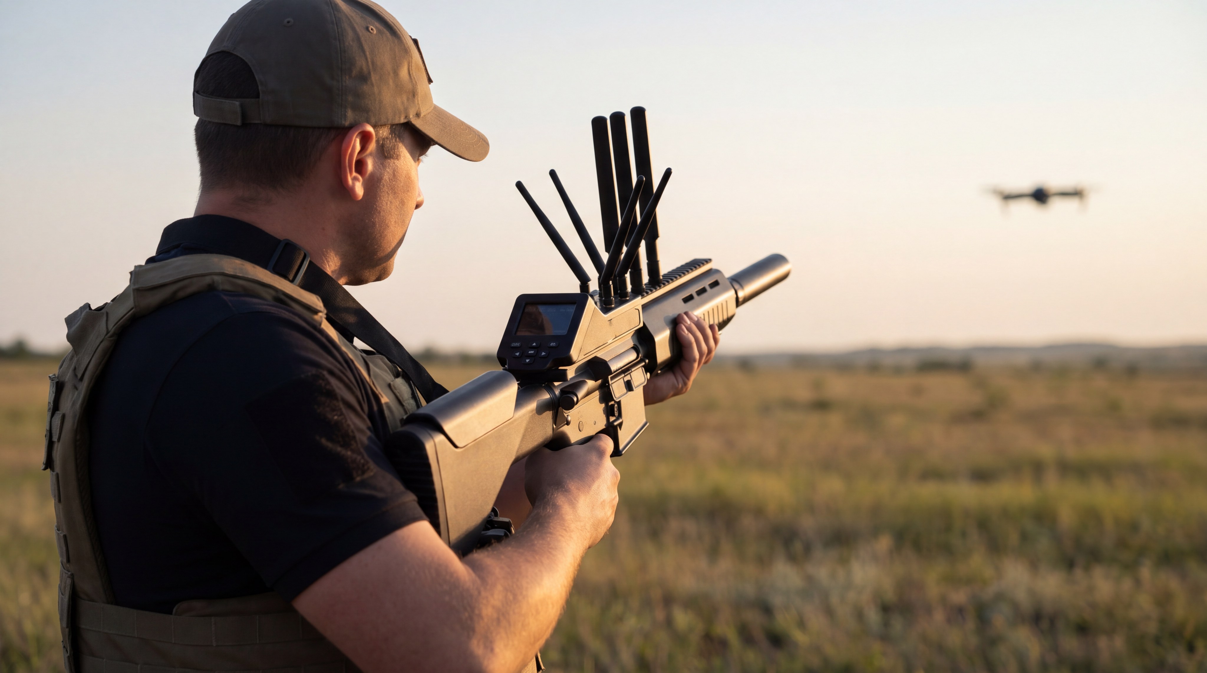 Security operator using a drone jammer in the field