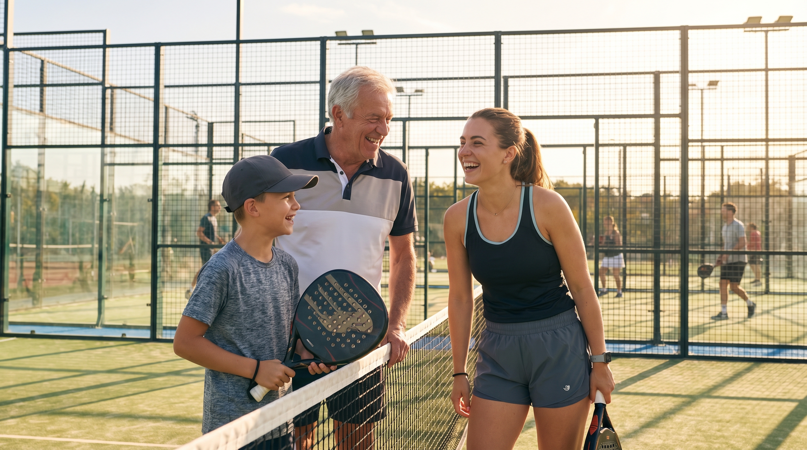Multi-generational group of players laughing together on a padel court