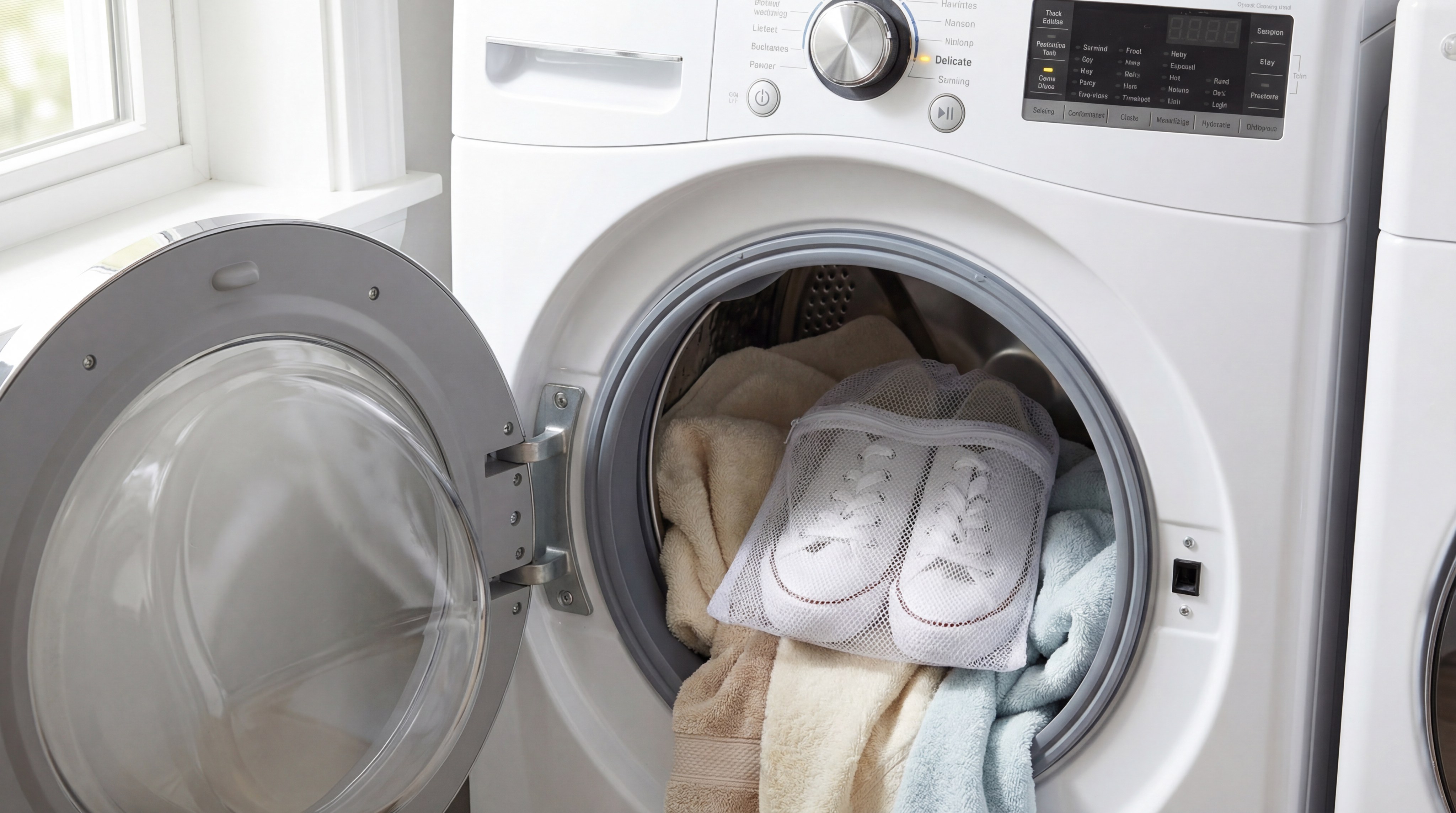 Alt Text: washing delicate sneakers in a mesh bag inside a washing machine
