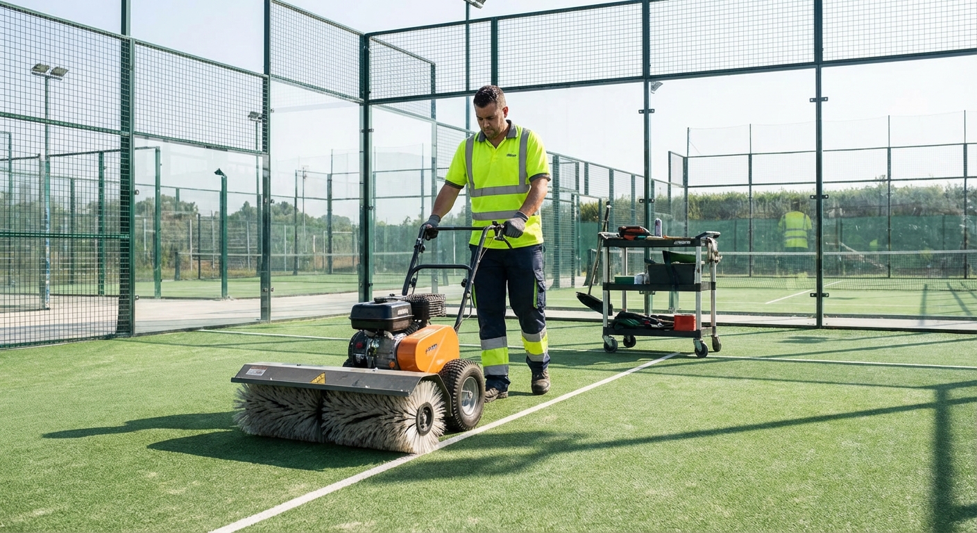 Technician using a specialized machine for padel turf brushing and maintenance