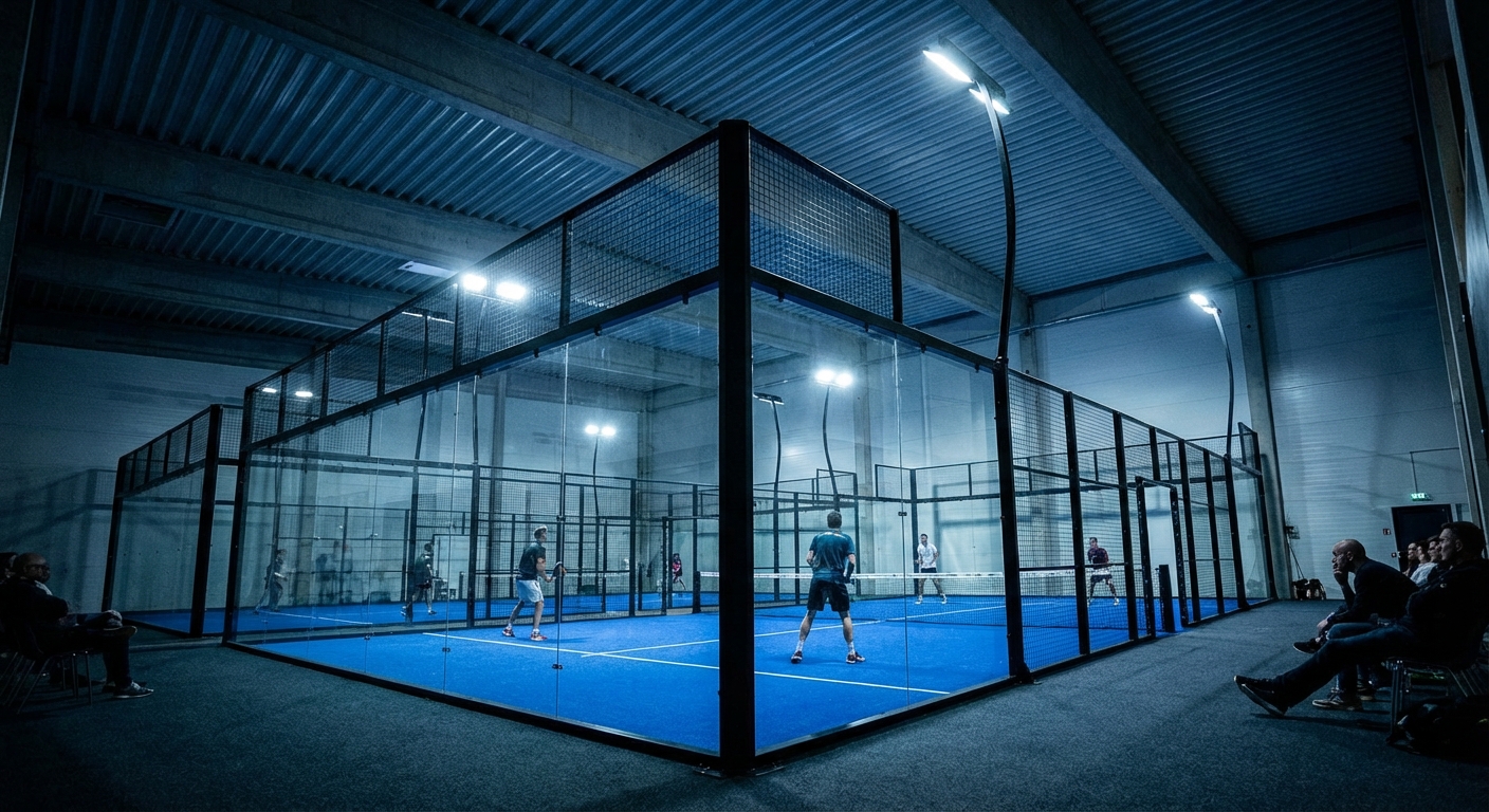 A professional indoor padel court with specialized LED lighting