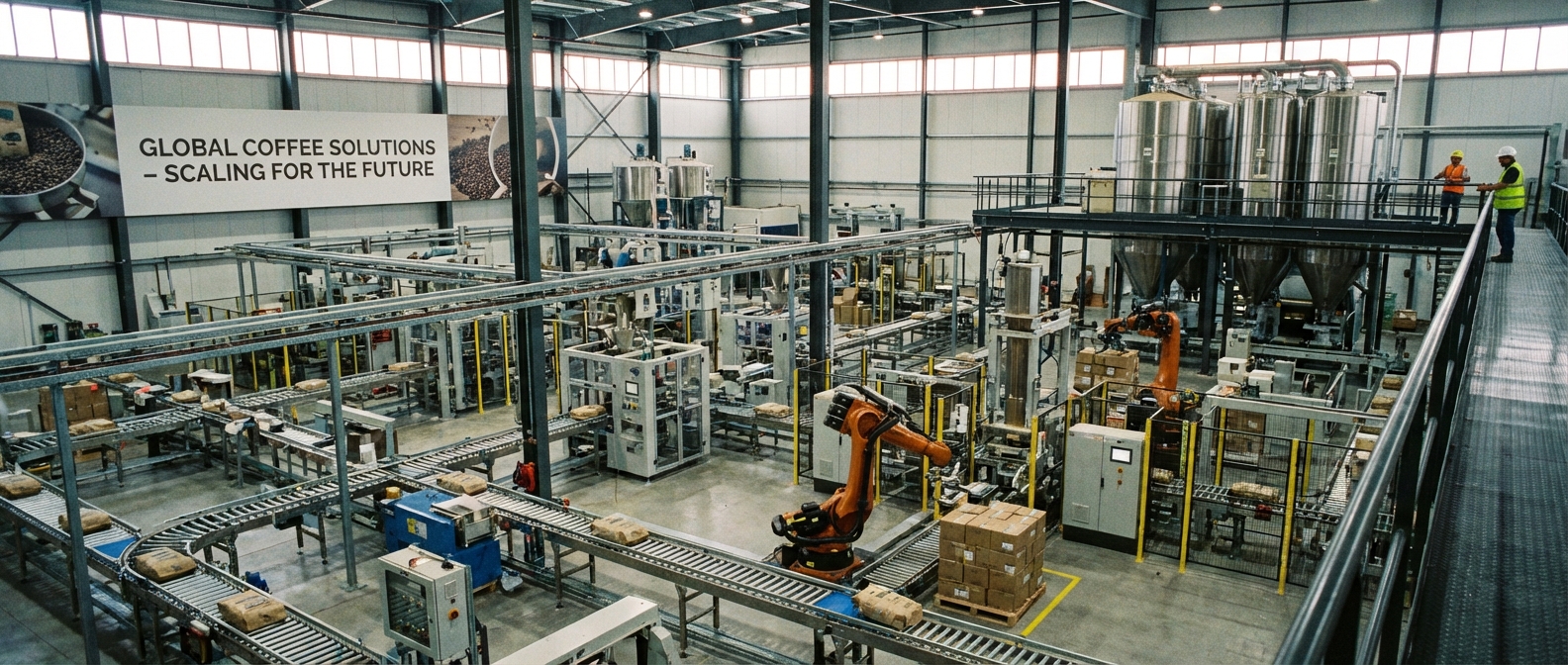 Photorealistic wide shot of a multi-head weigher integrated on top of a vertical form fill seal machine in a clean, industrial roastery.