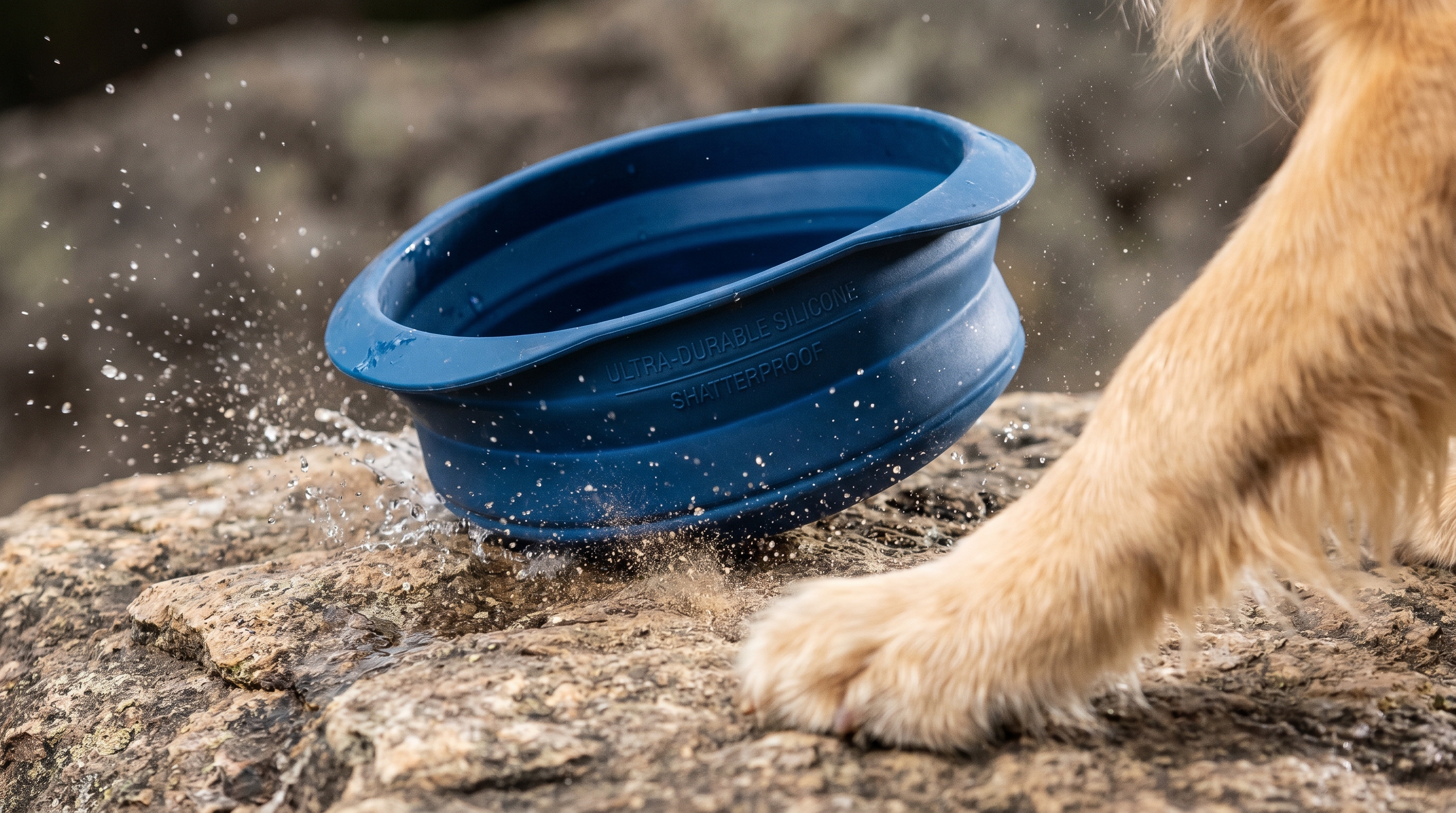 Collapsible silicone pet bowl being used outdoors