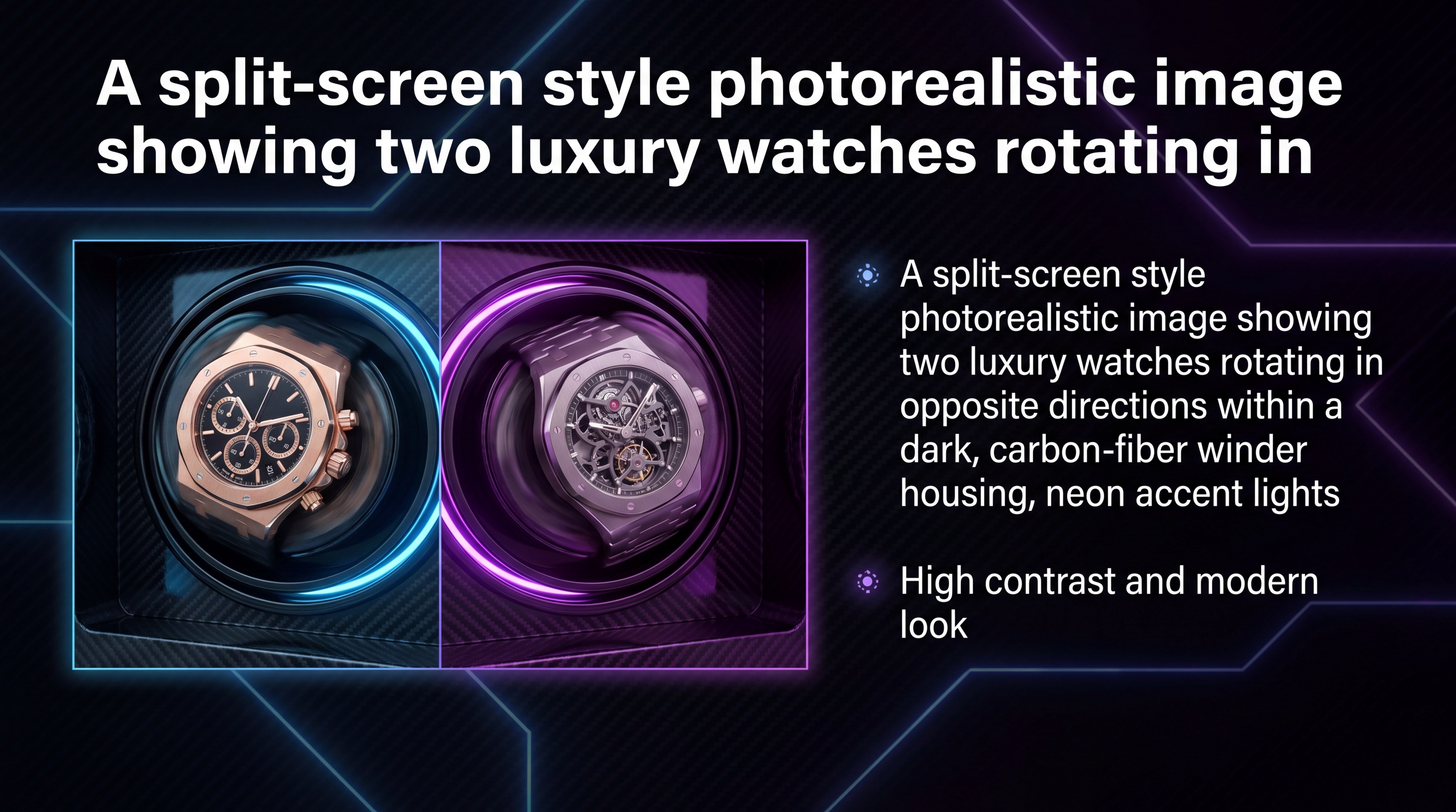 A split-screen style photorealistic image showing two watches rotating in opposite directions within a dark, carbon-fiber winder housing