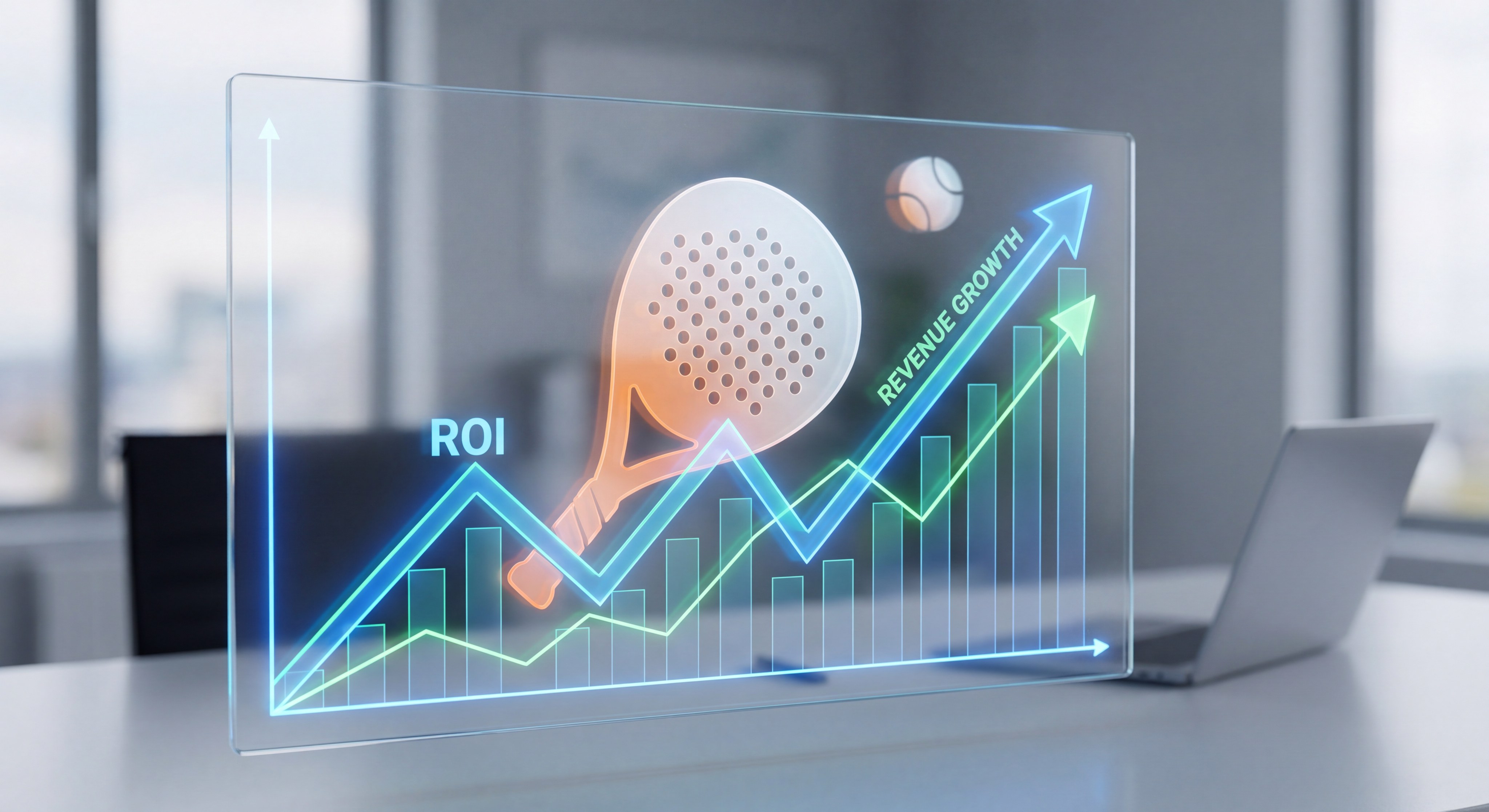 A digital graphic showing an ROI upward trend with a neon padel racket icon