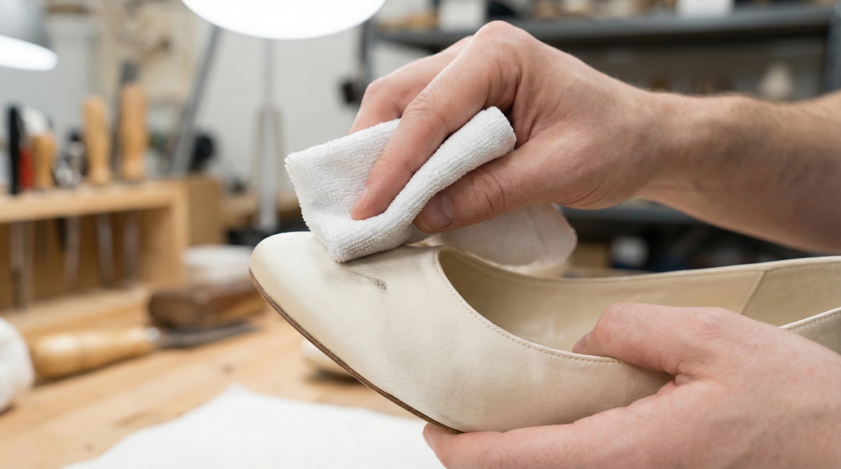 Close-up of a person using a microfiber cloth to dab a small stain on a champagne satin heel