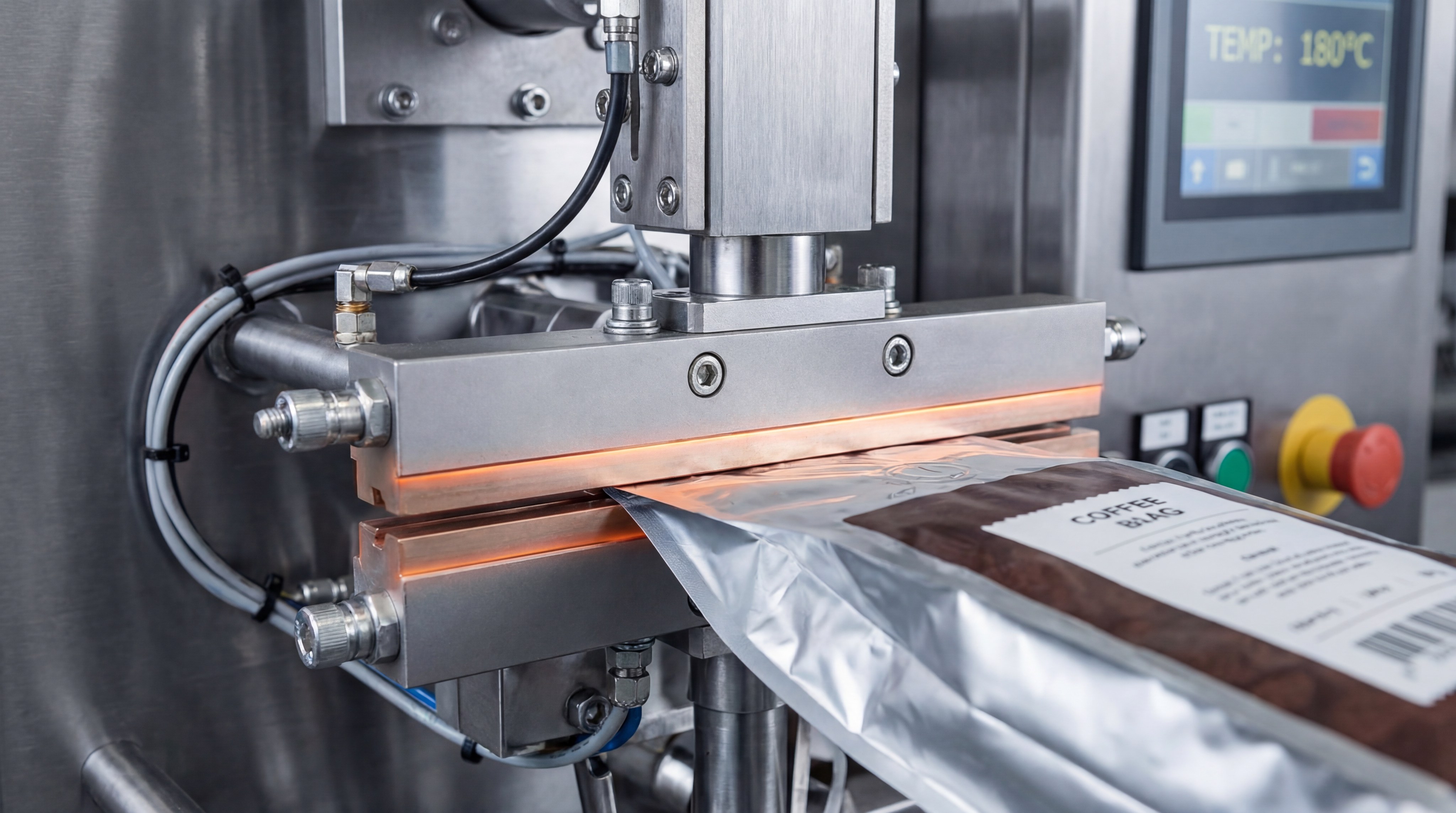 A sleek stainless steel Vertical Form Fill Seal (VFFS) machine from newideapack in operation, with a roll of printed coffee film being formed into bags with precision.
