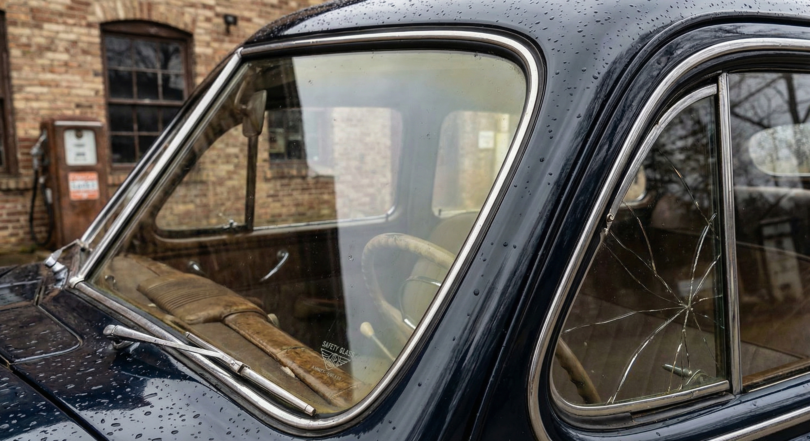 A vintage 1940s car showing a cracked safety glass window that has remained in place rather than shattering.