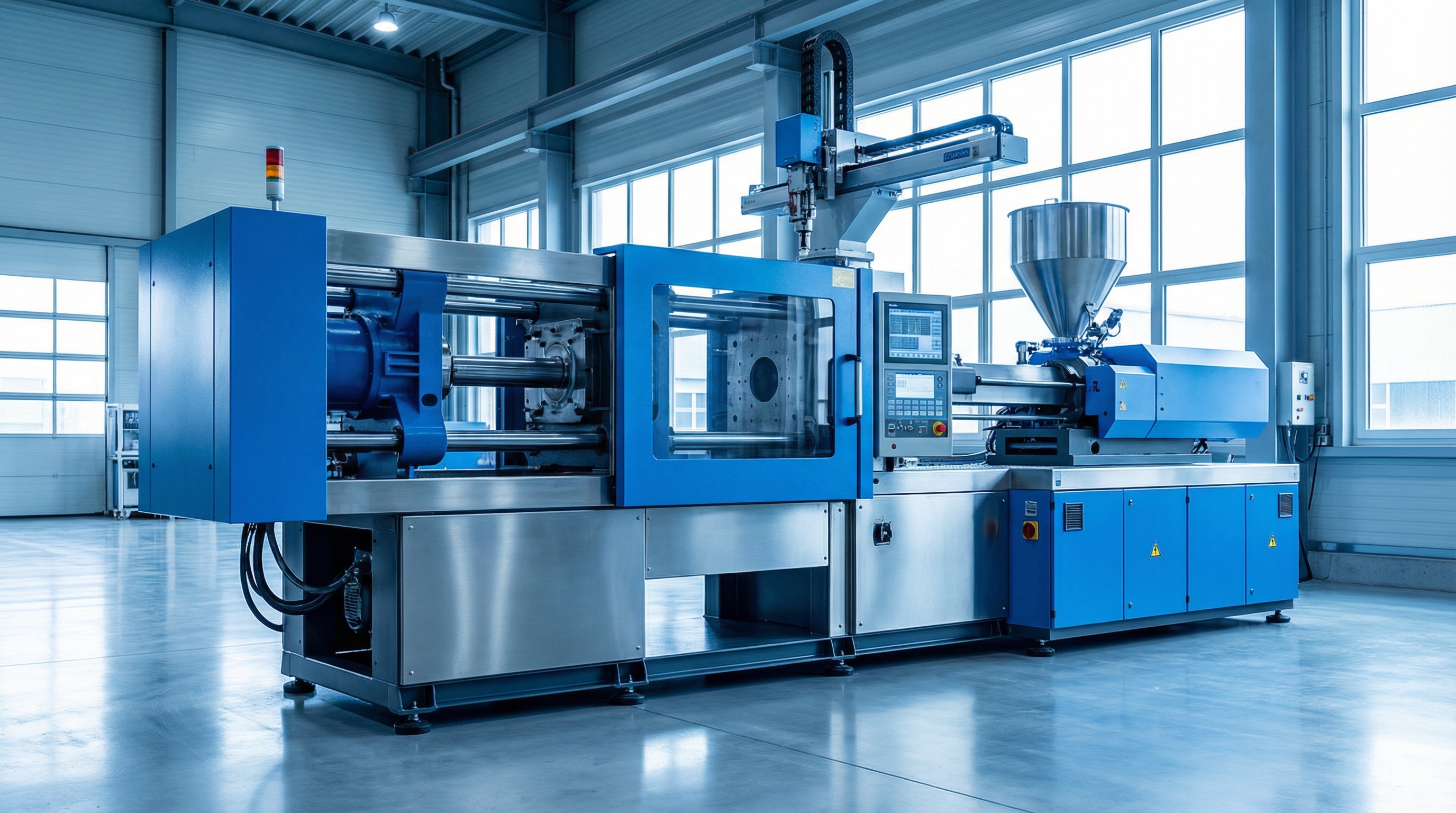 A large industrial injection molding machine in a modern factory with blue and white colors, photorealistic style