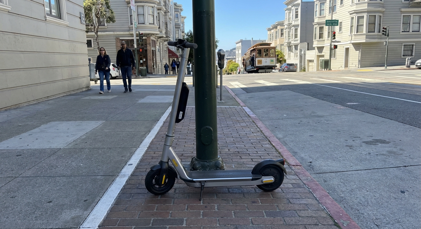 An electric scooter parked neatly in the street furniture zone next to a light pole, leaving the main sidewalk path clear for pedestrians.