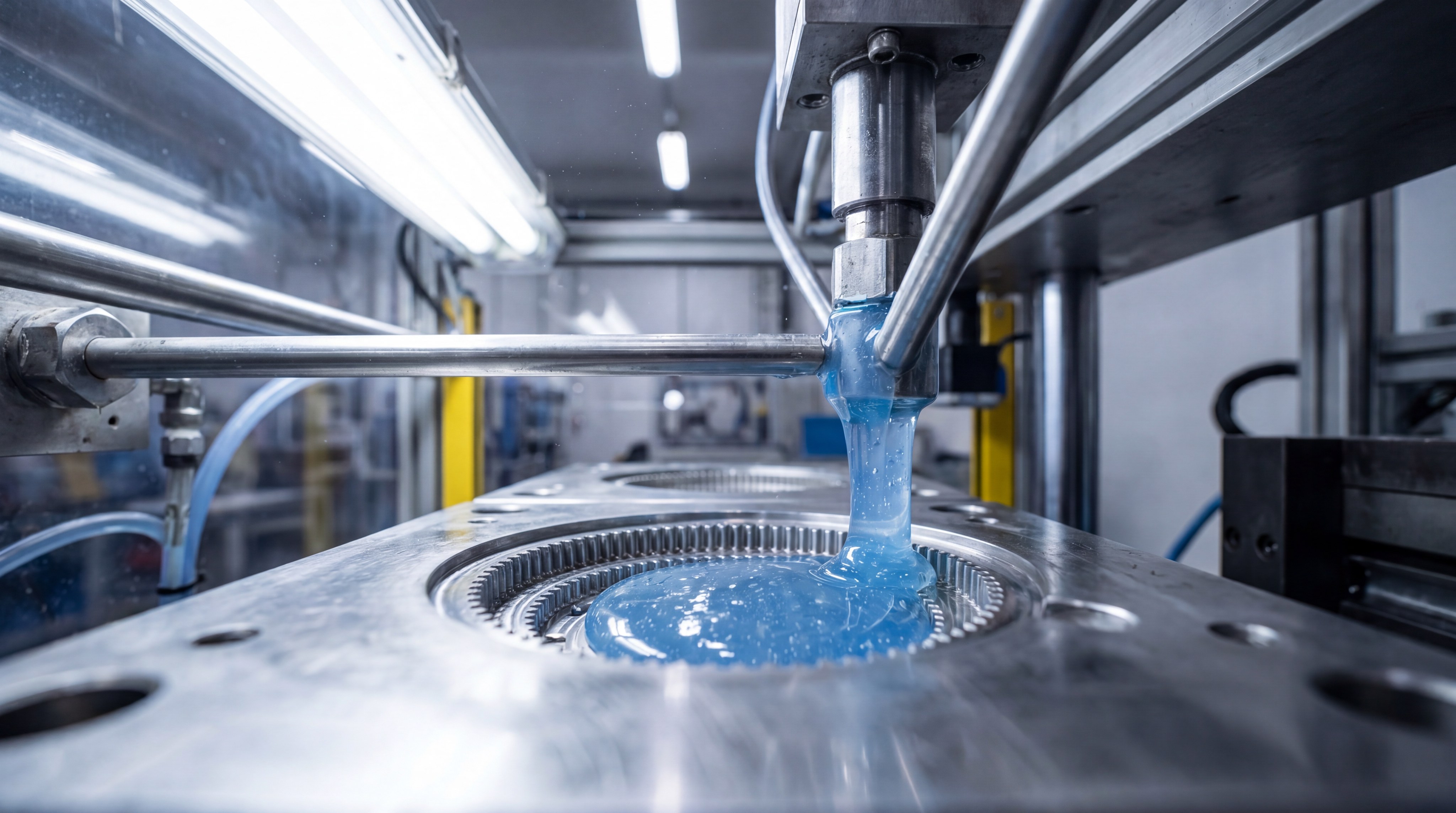 Macro shot of blue liquid silicone being injected into a metal mold