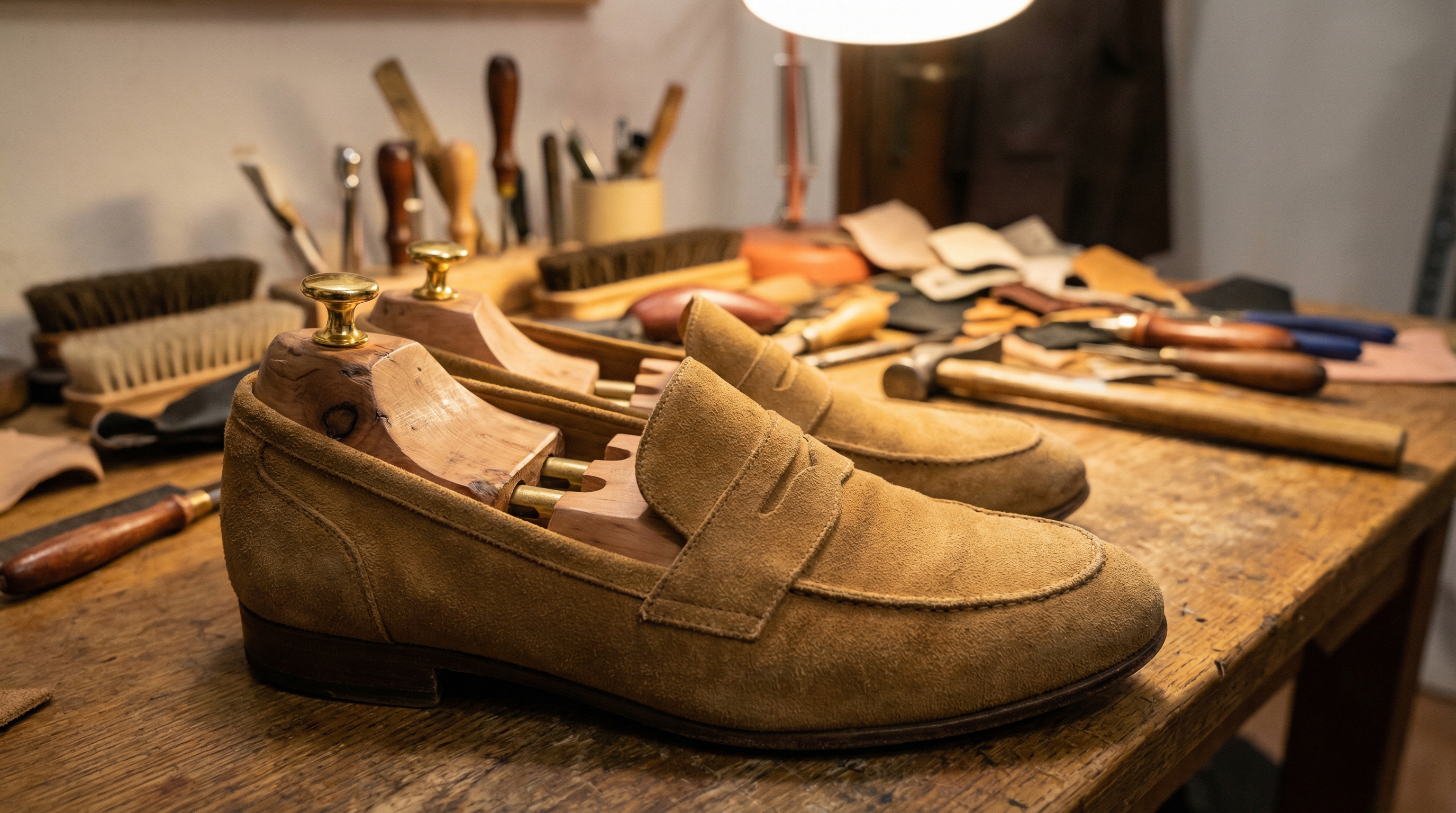 A wooden two-way shoe stretcher inserted into a dress shoe on a cobbler workbench with adjustment knobs visible