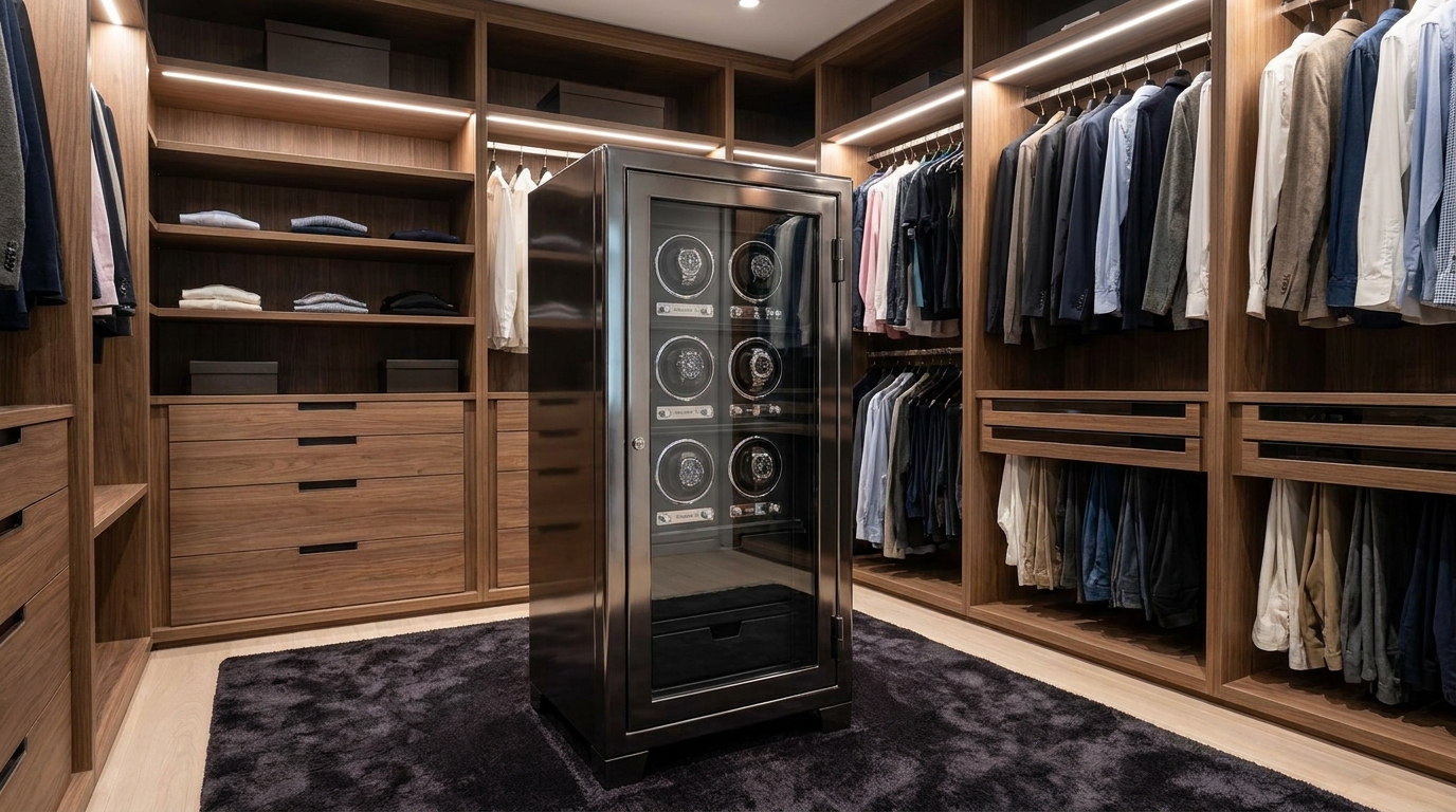 Tall free-standing watch safe placed in a modern walk-in closet with multiple watch winders and storage drawers