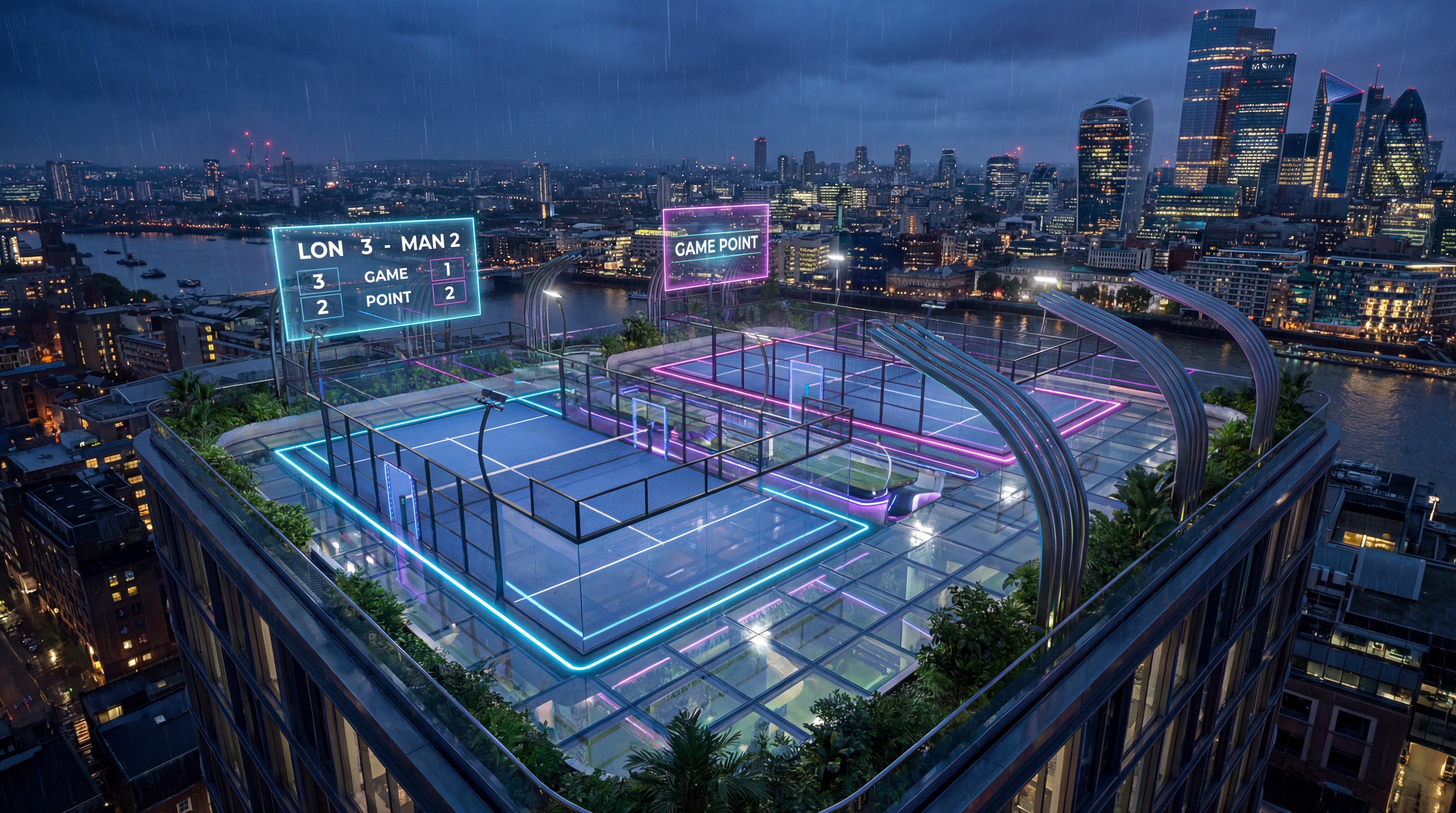 futuristic rooftop padel hub night