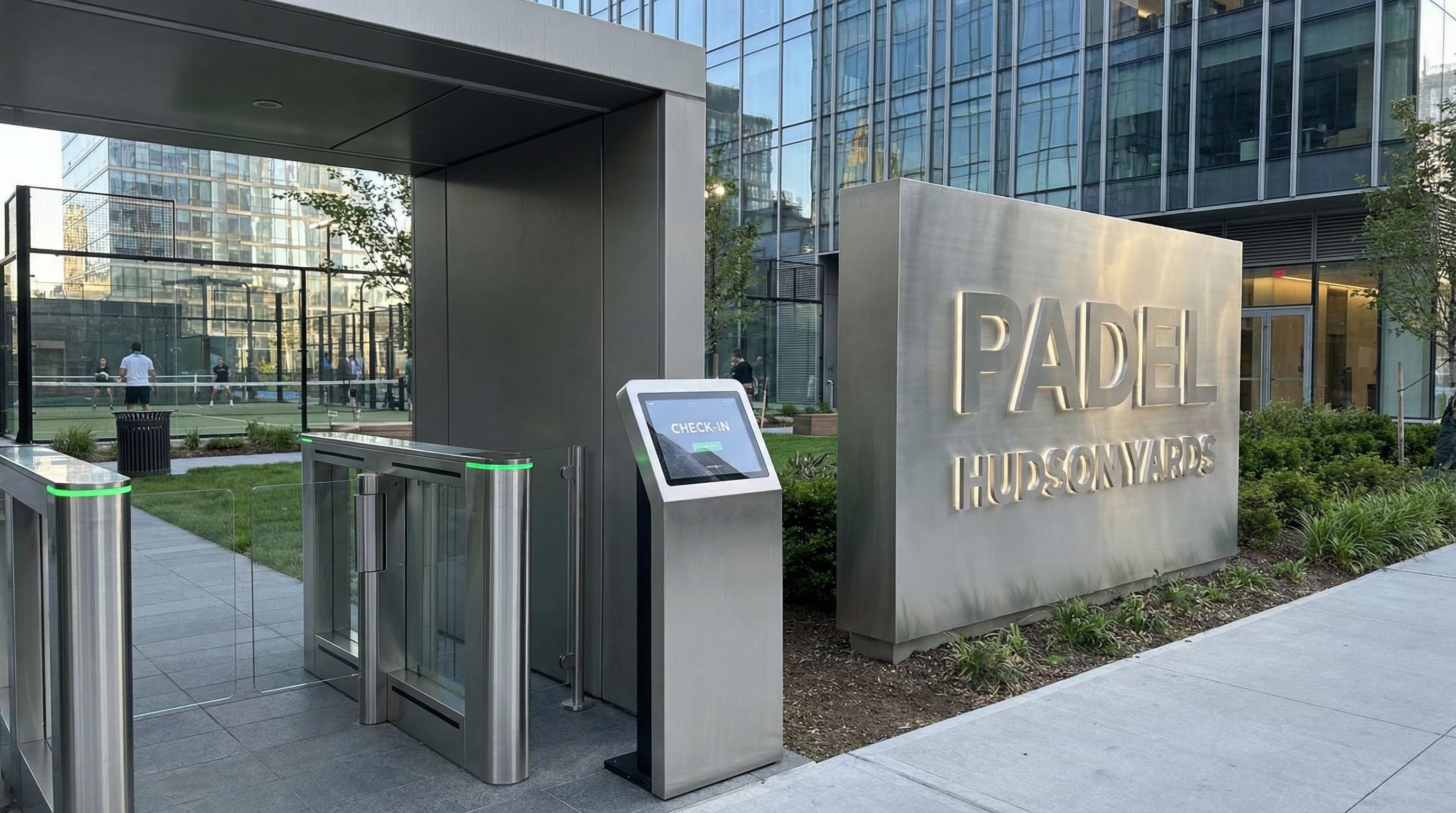 Entrance to a Padel Hudson Yards facility with a digital check-in kiosk