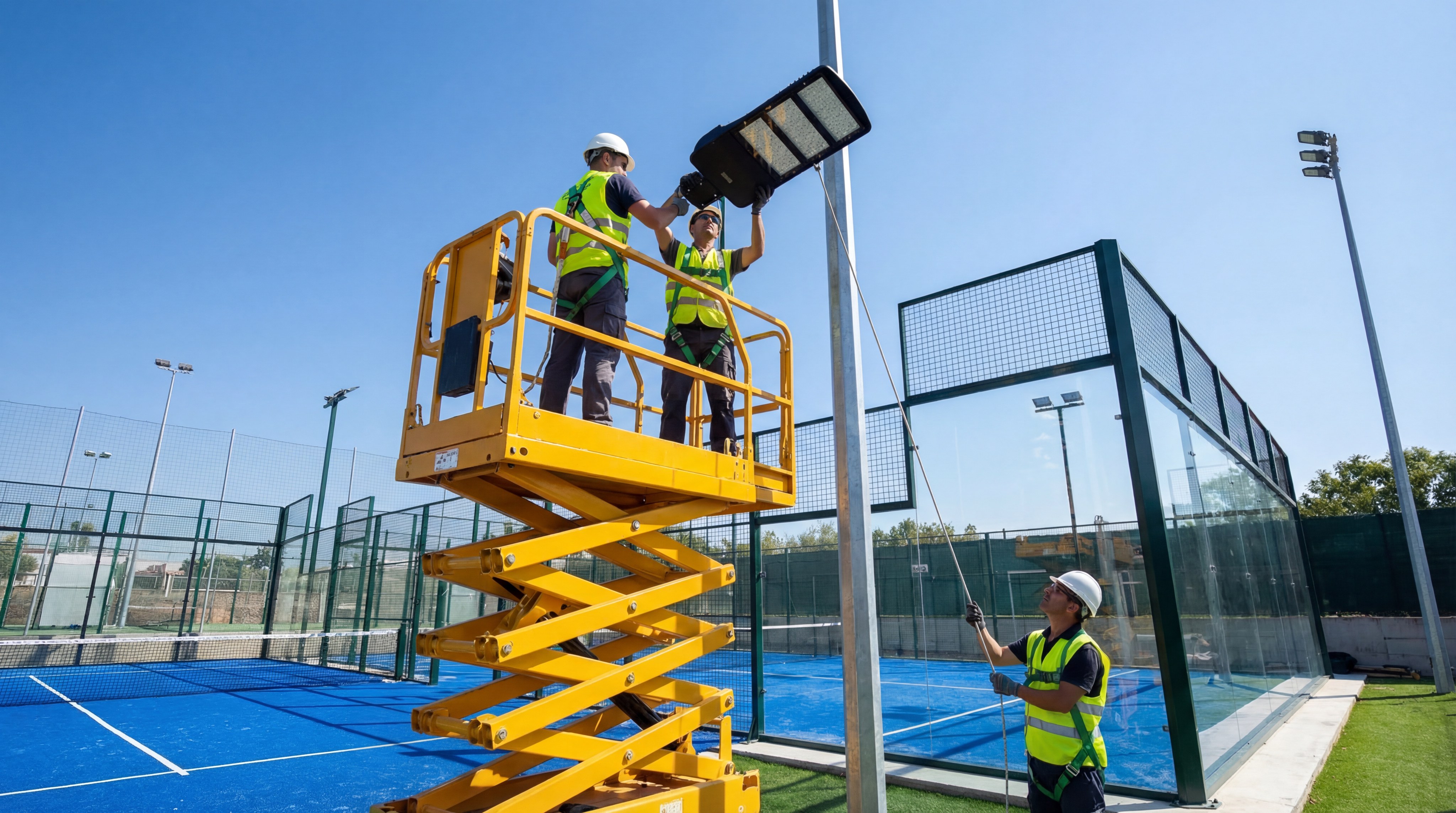 Technicians installing LED fixtures on a padel court pole using a lift