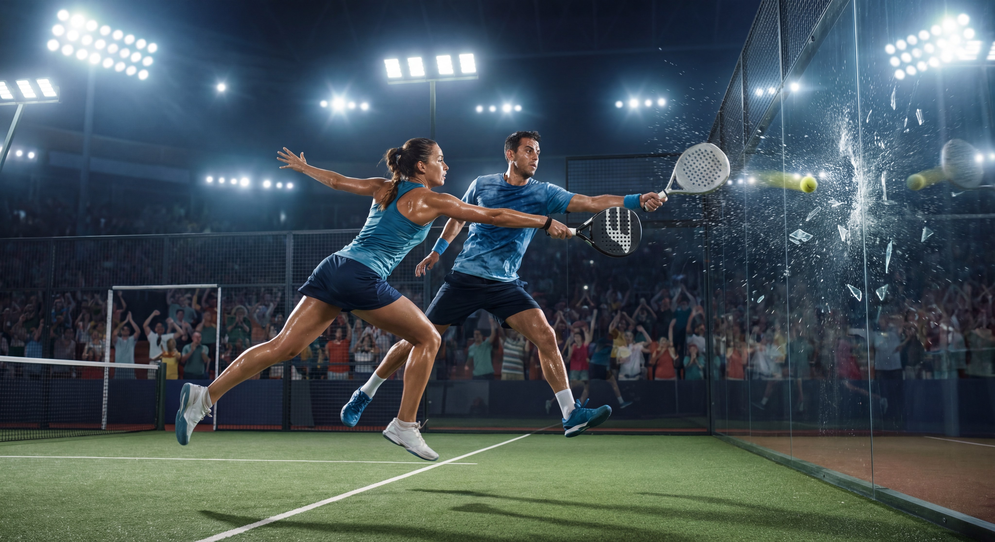 Two players in a dynamic mid-air volley; ball hitting the glass wall with realistic motion blur and sweat droplets visible.