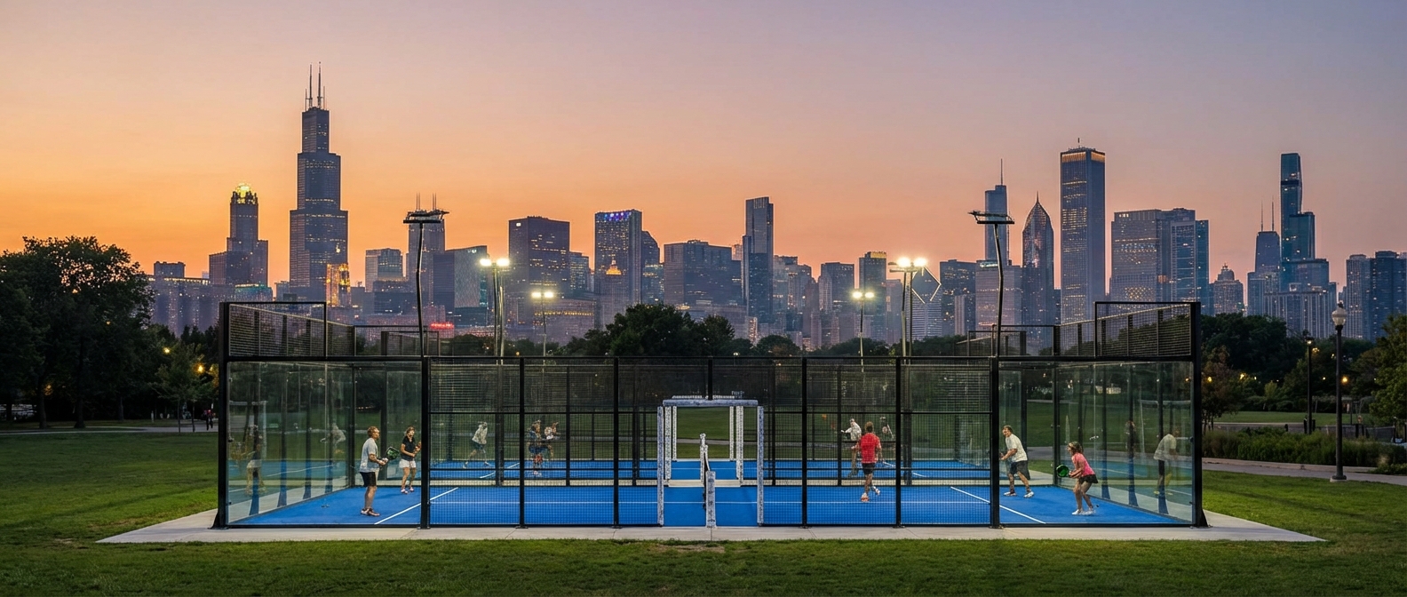 panoramic padel court chicago skyline