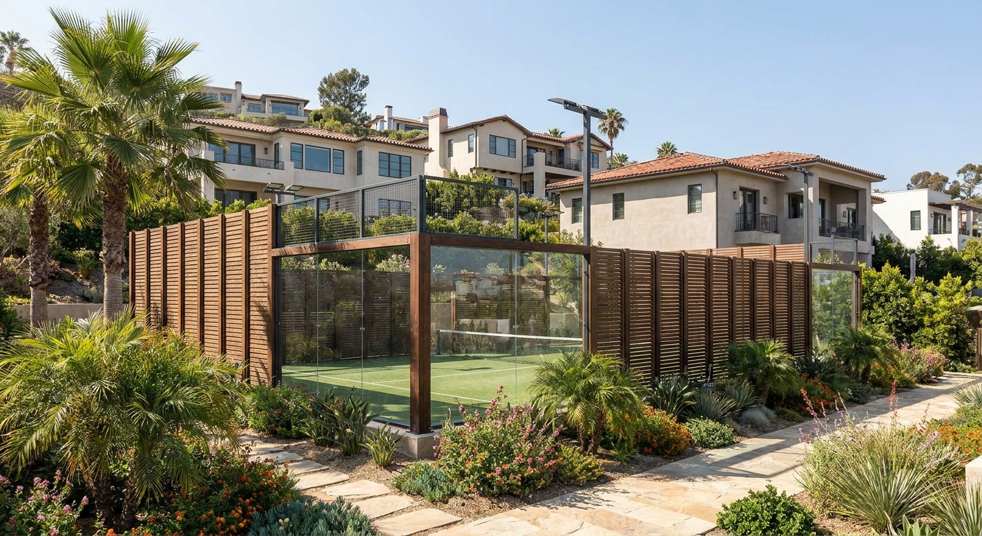 A panoramic view of a luxury padel court in a residential LA neighborhood, showcasing sound-dampening glass and landscaping.