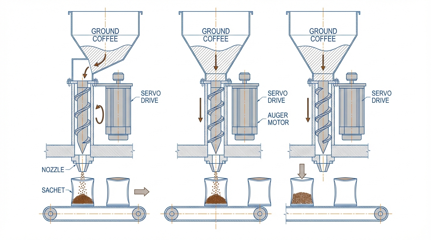 A technical 3D cross-section diagram showing a multi-lane auger filling system