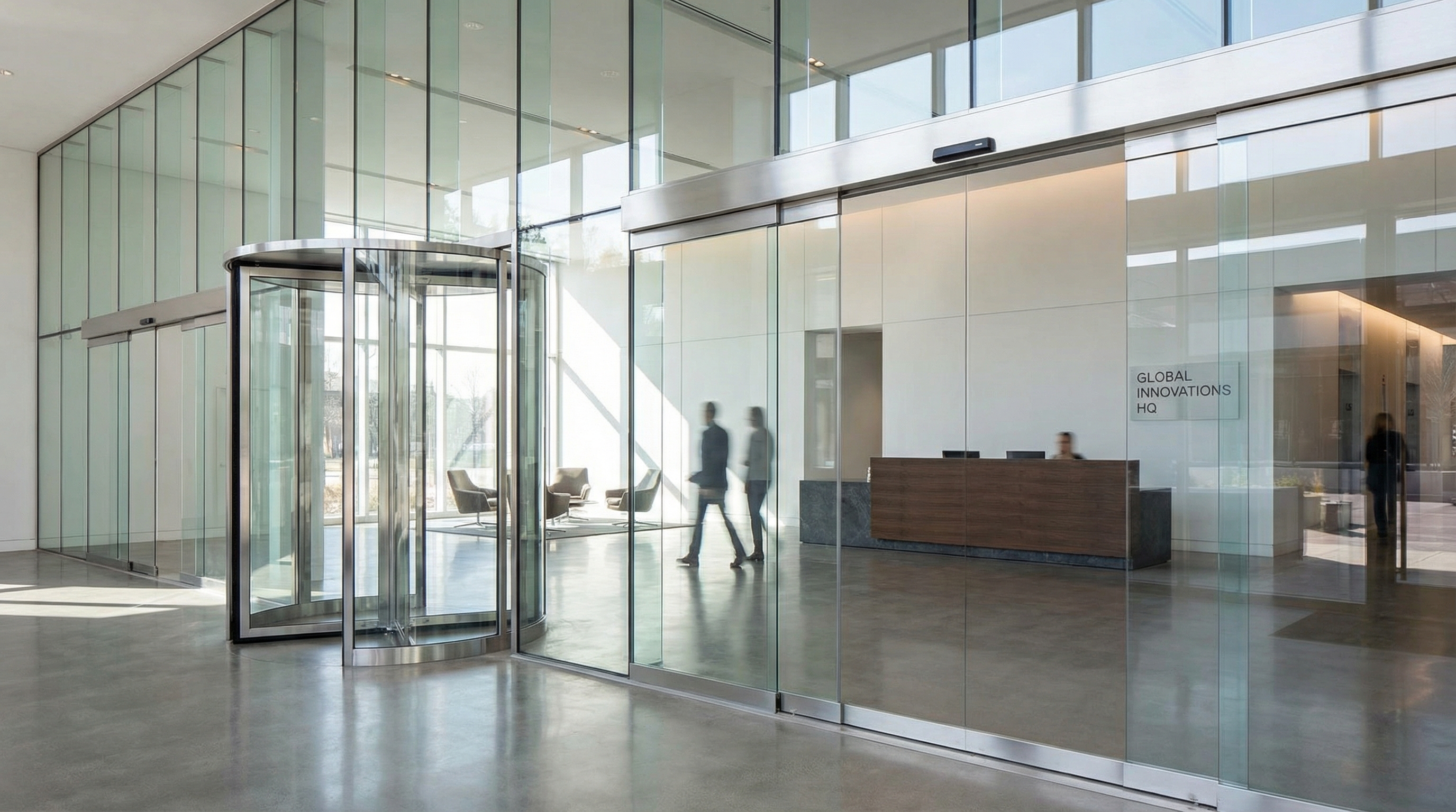 Modern corporate lobby with glass partitions