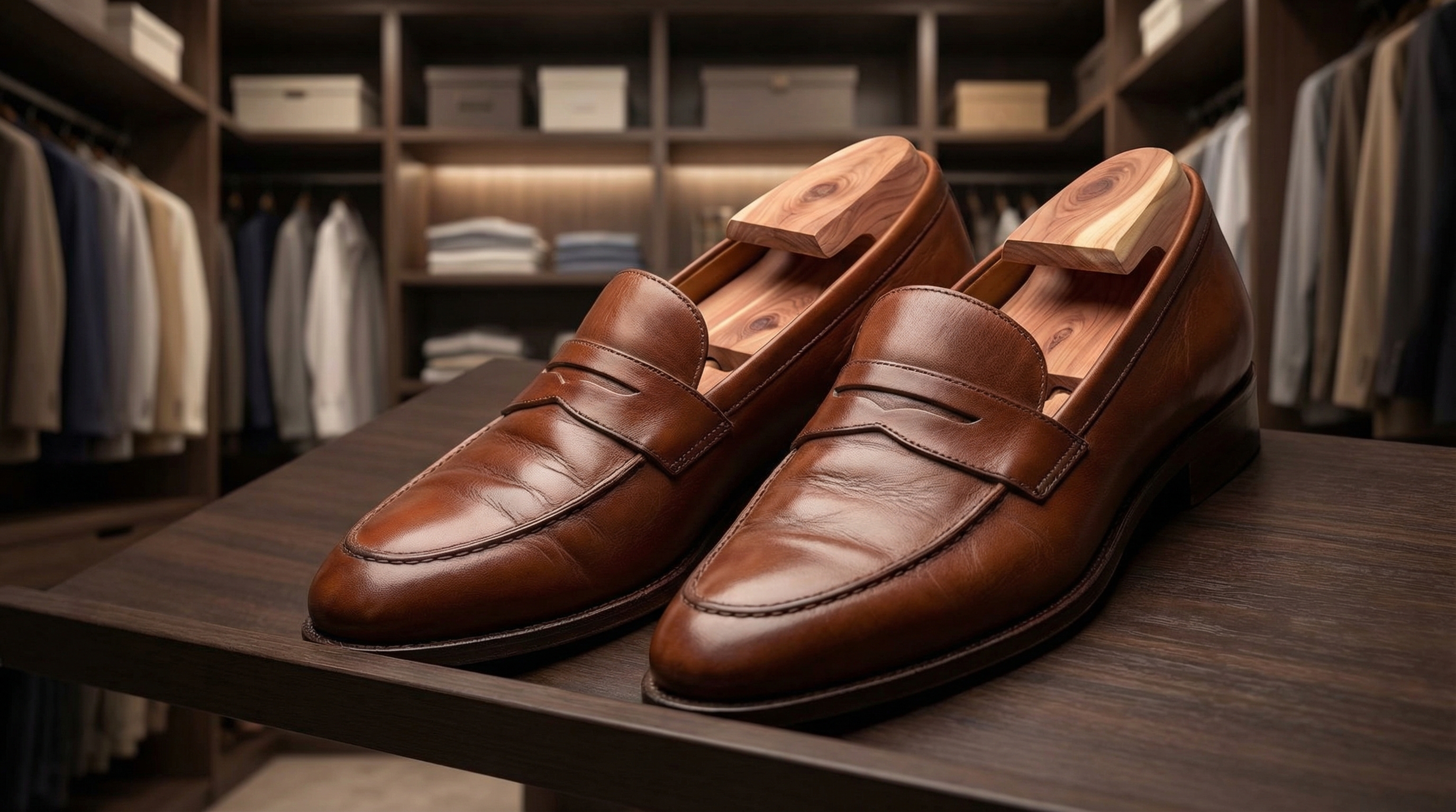 Polished leather loafers stored with aromatic cedar shoe trees