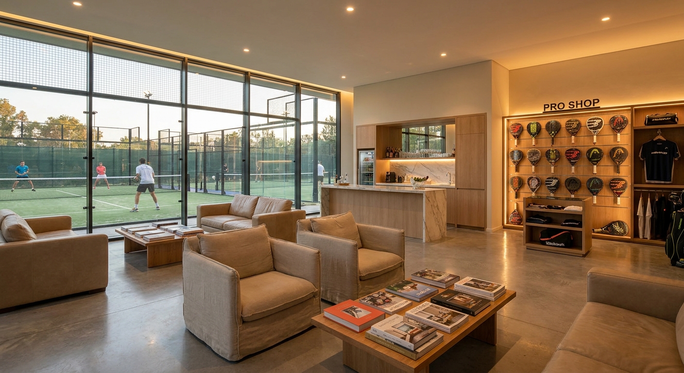 A photorealistic view of a luxury padel club lounge, featuring glass walls looking out onto the courts, comfortable seating, and a pro shop with rackets on display.
