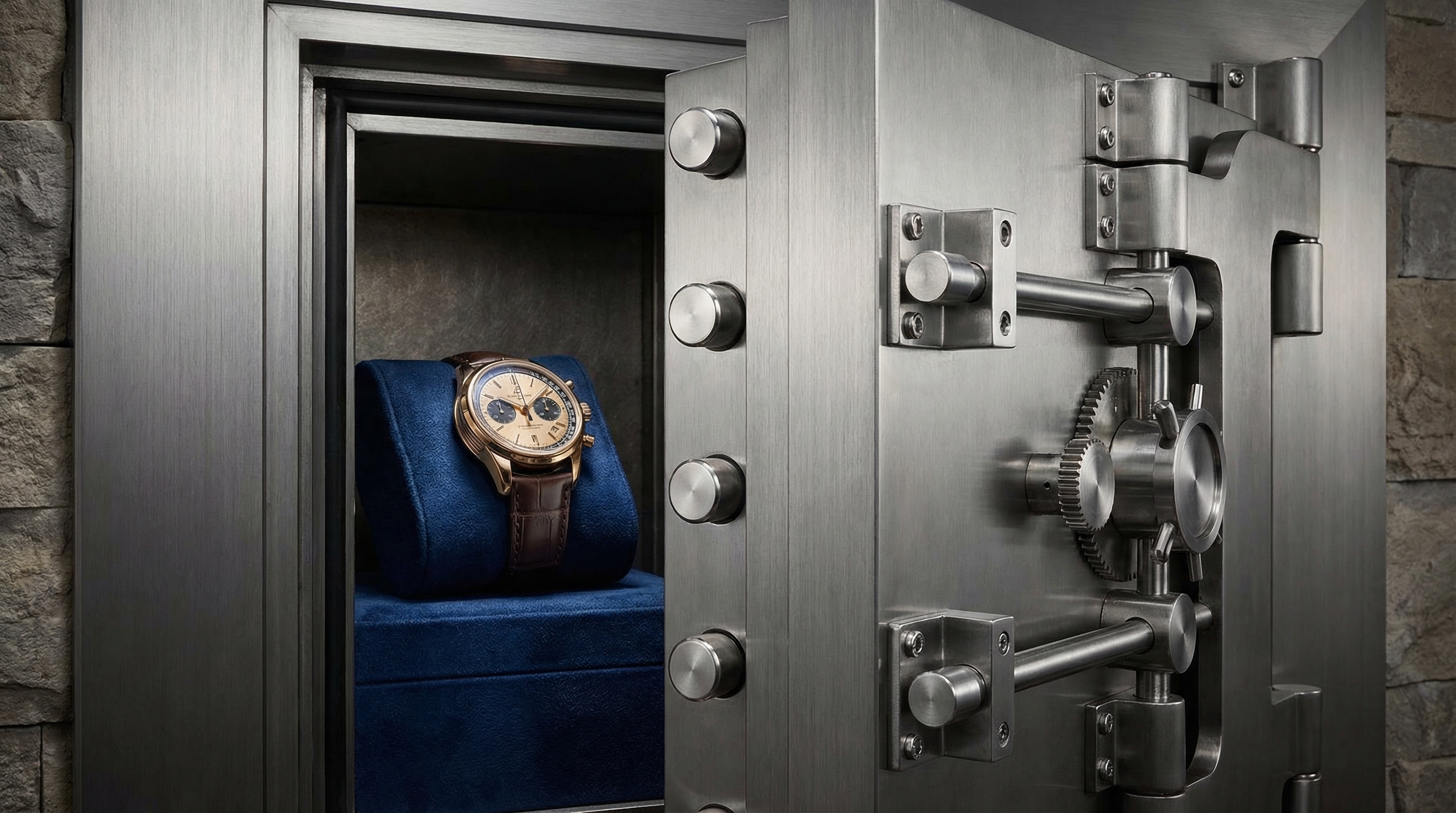 Single luxury watch resting on a plush velvet cushion inside a thick steel safe